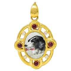 Used Elizabeth Locke Diamond Ruby Enamel 19 Karat Gold Dog Pendant Brooch