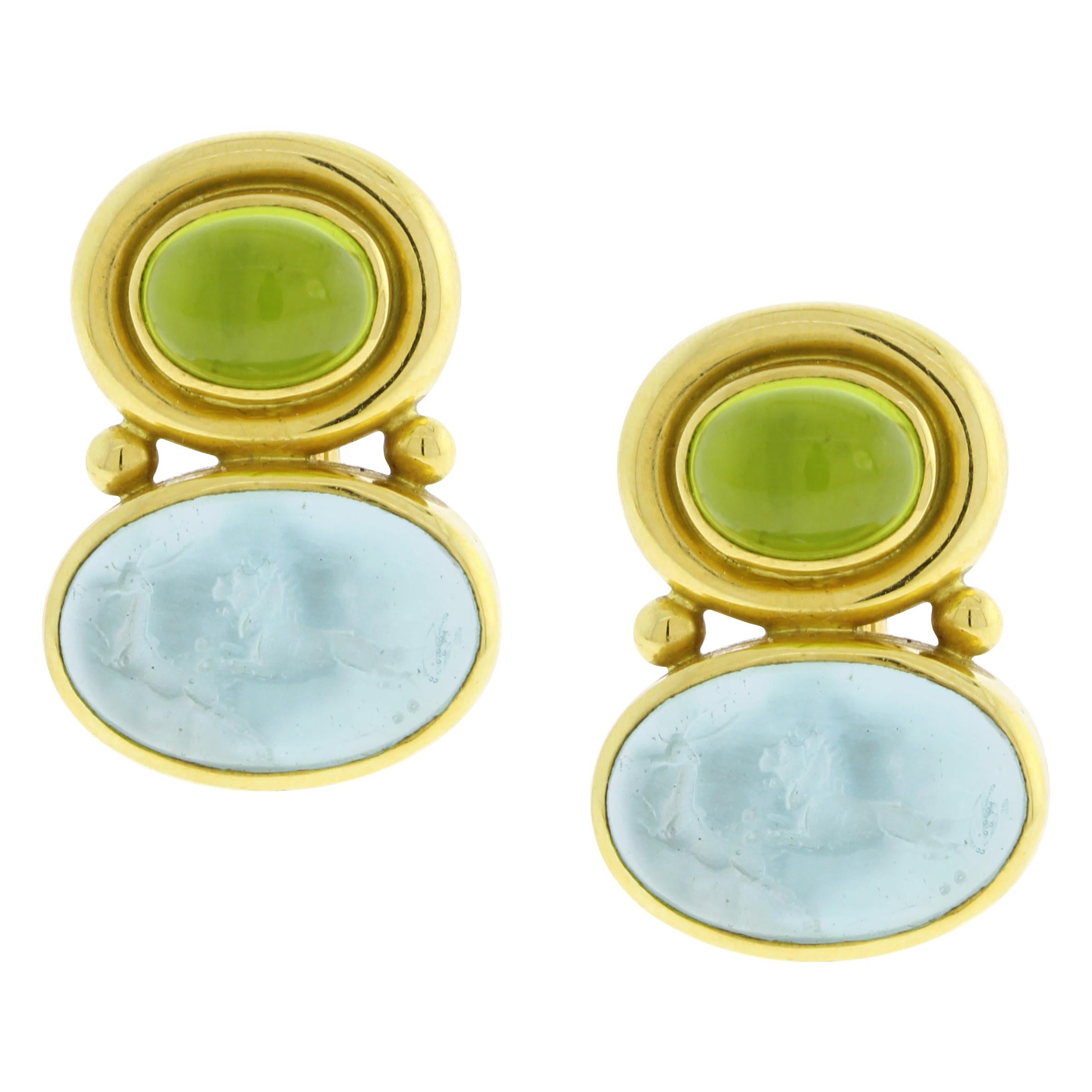 Elizabeth Locke Earrings with Peridot and Aqua Venetian Glass