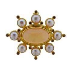 Elizabeth Locke Fancy Diamond Peach Moonstone Pearl Gold Brooch Pendant