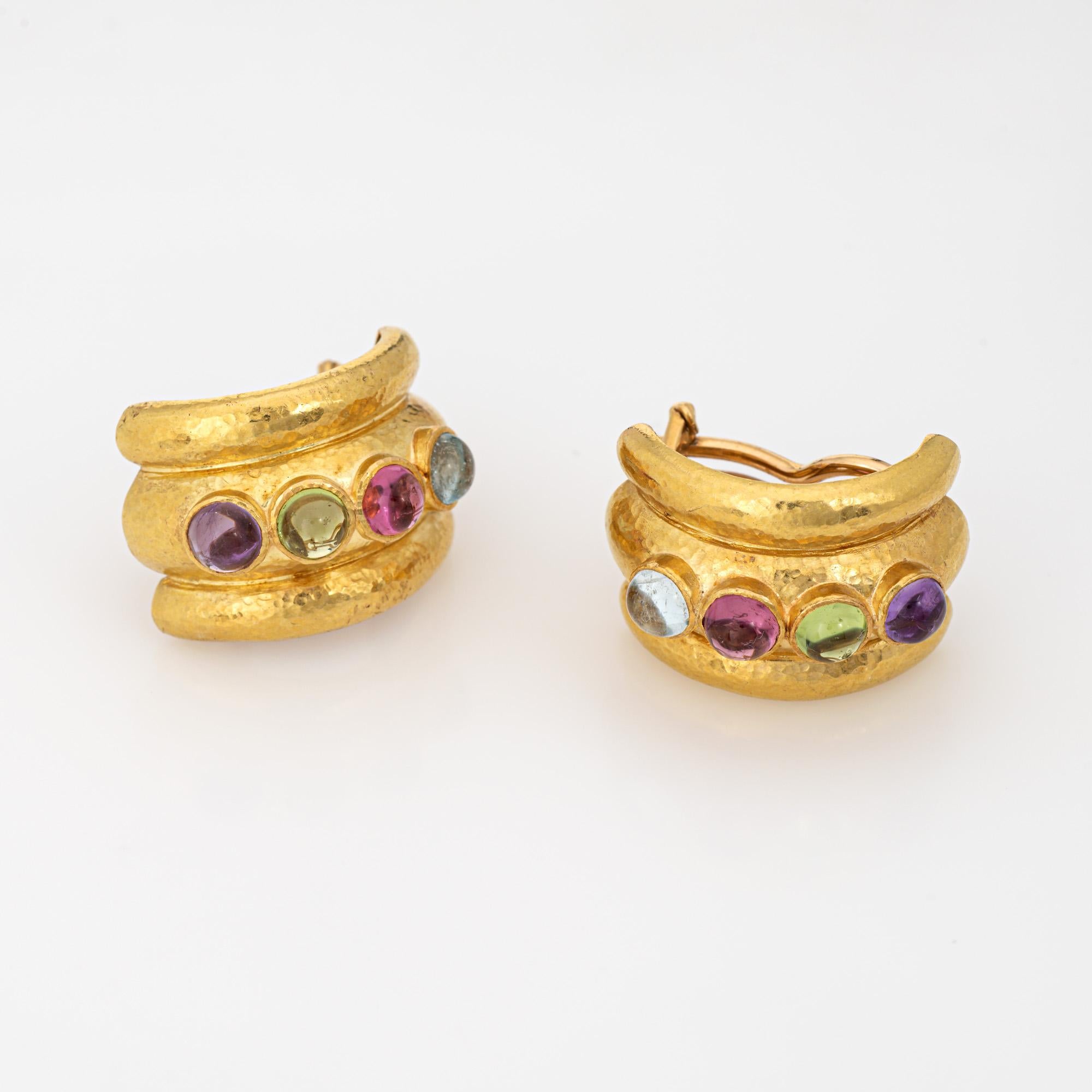 Stylish Elizabeth Locke gemstone 'Amalfi' Tutti Frutti earrings crafted in 18k yellow gold.

Cabochon cut pink & green tourmaline total an estimated 2.55 carats, aquamarine (1.05 carats estimated) and amethyst (0.75 carats estimated). The gemstones