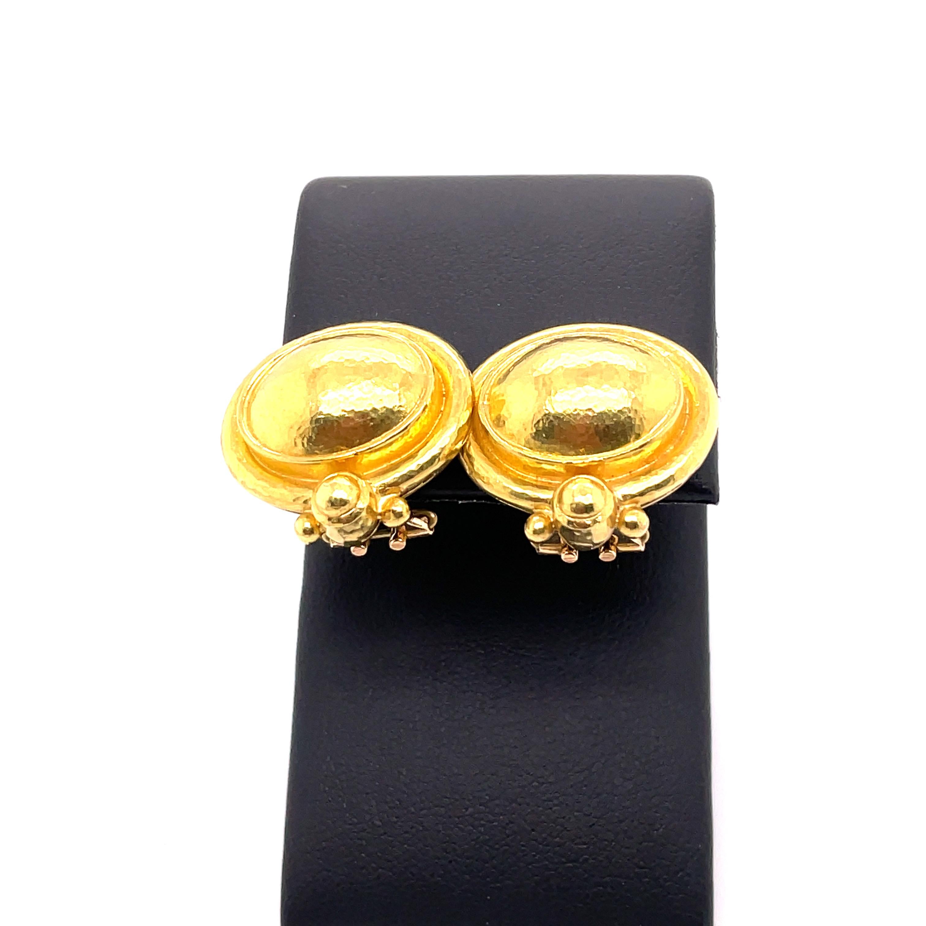 Perfect and Classic Elizabeth Locke gold earrings that can be worn with posts or without. Great omega backs for a comfortable feel. Stamped Locke and 18kt