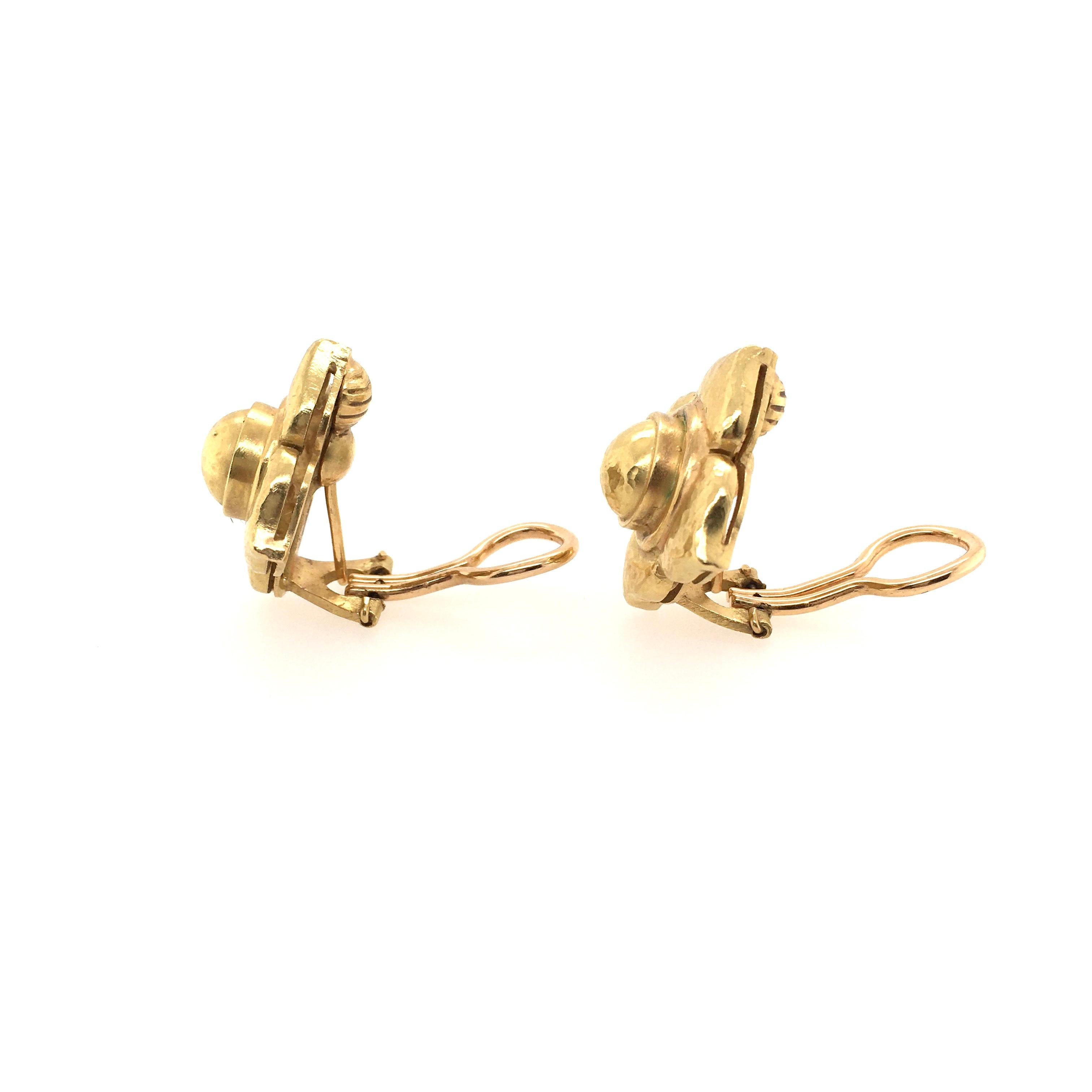 A pair of 18 karat yellow gold earrings. Elizabeth Locke. Circa 2000. Designed as a hammered gold flower. Length is approximately 1 inch, gross weight is approximately 19.4 grams. With maker’s mark. 