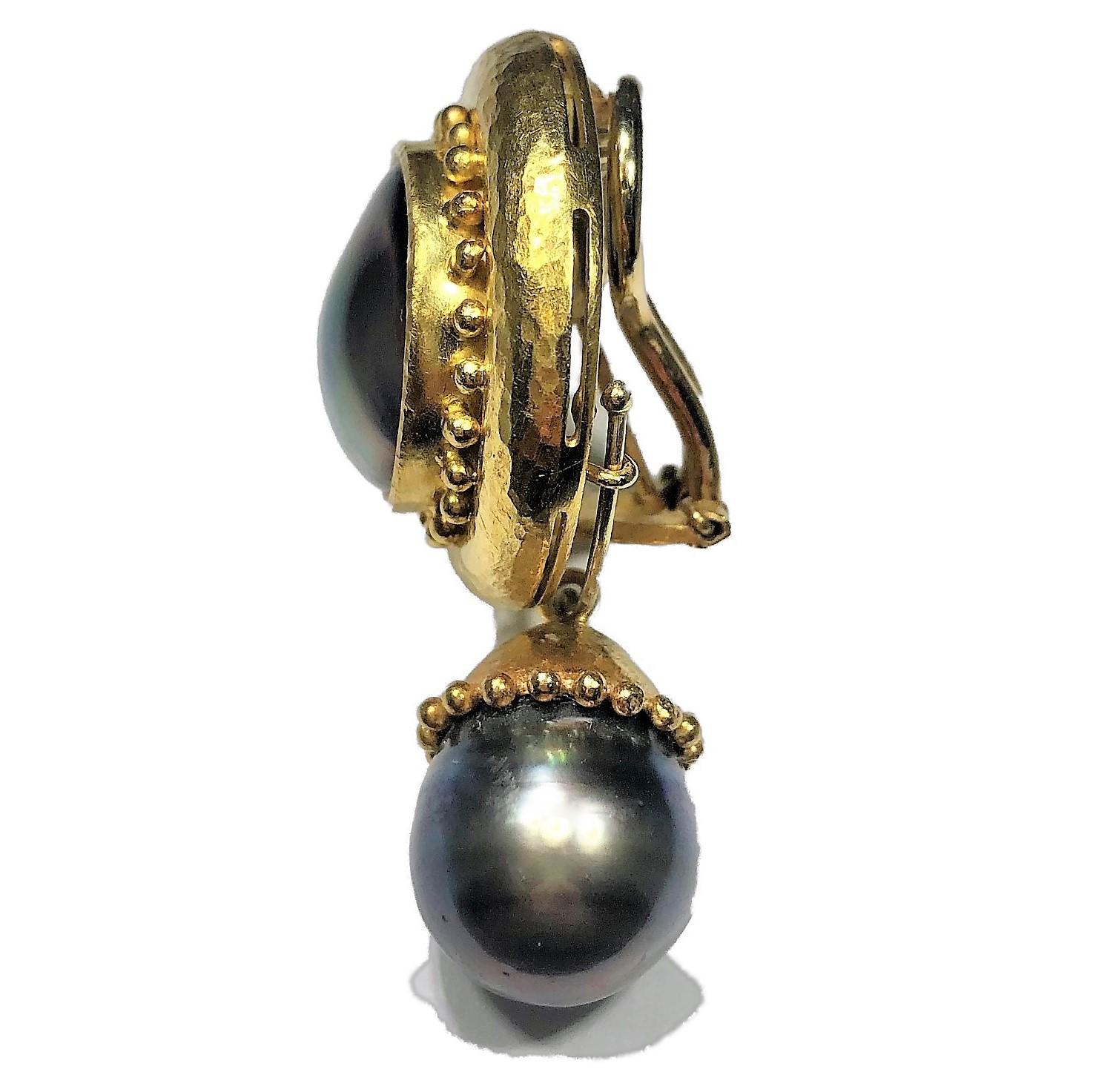 Uncut Elizabeth Locke Gray Pearl and Gold Drop/Dangle Earrings