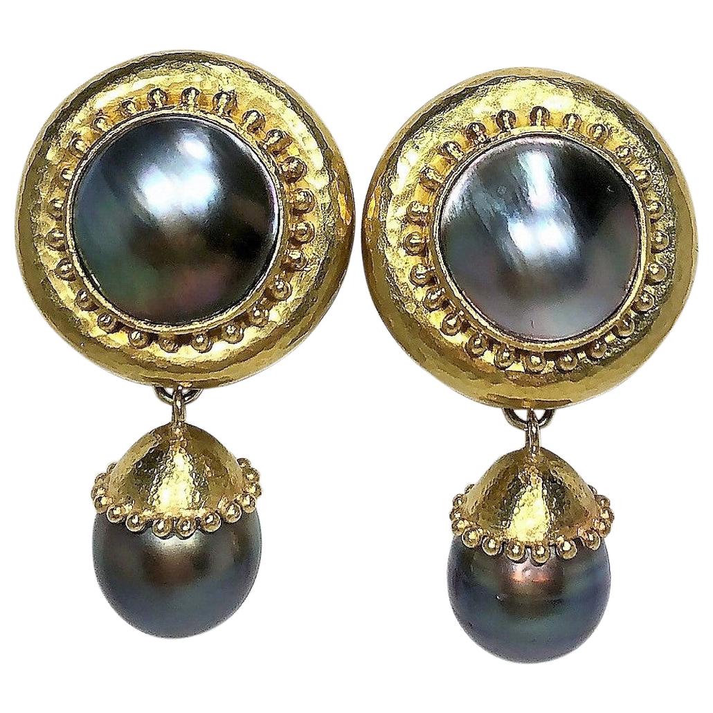 Elizabeth Locke Gray Pearl and Gold Drop/Dangle Earrings