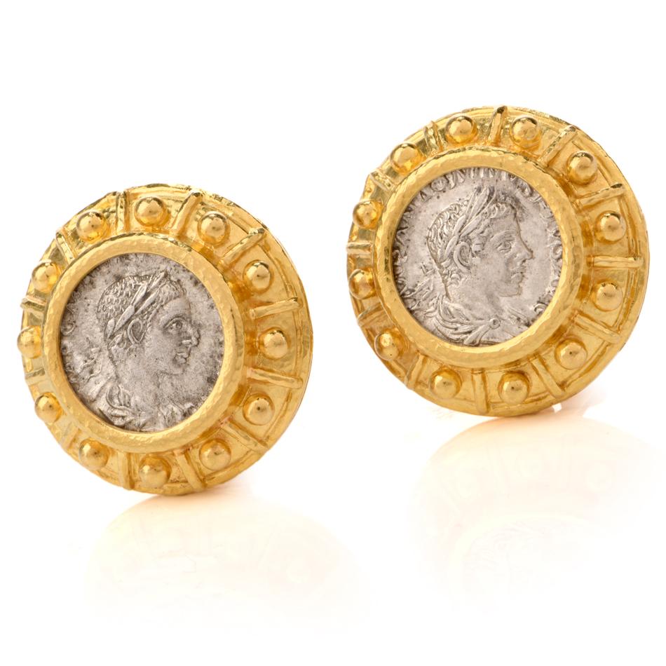 These stylish designer coin earrings are crafted in solid 19-karat yellow gold, weighing 29 grams and measuring 25mm in diameter. Featuring a pair of silver Greek coins bezel set in a round solid gold frame with circler details all around. Secure