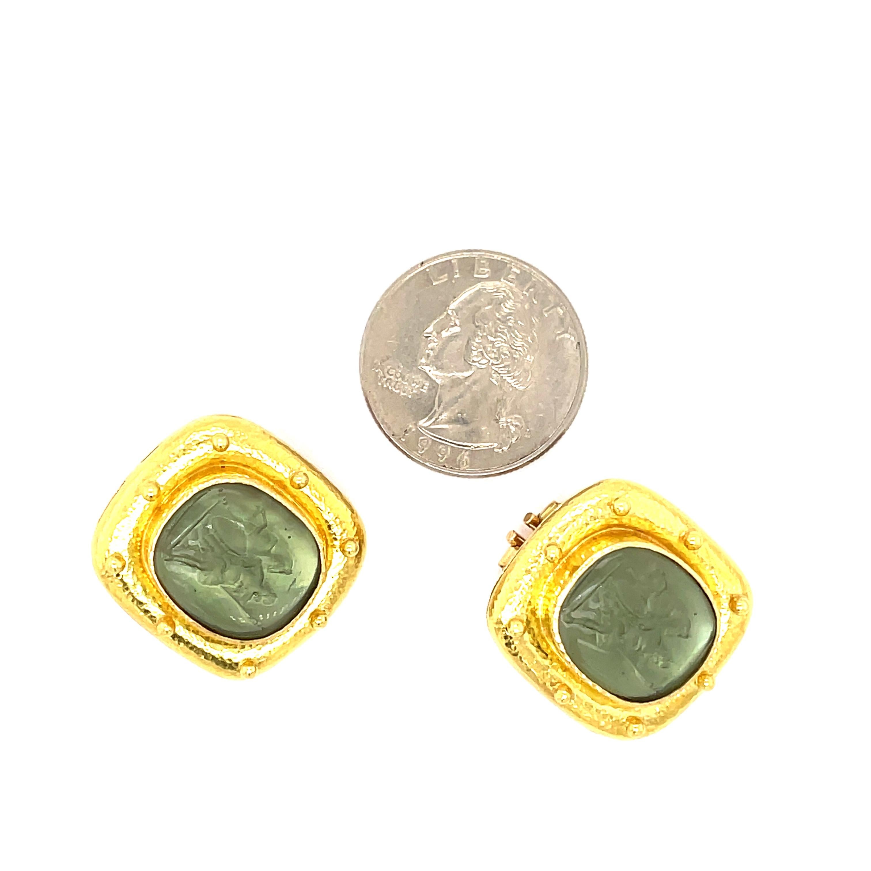 Elizabeth Locke Green Venetian Glass Earrings.  Clip Post Earrings. 
19K Yellow Gold with Green Venetian Glass 
23.3Grams
1 inch by .75 inches.  