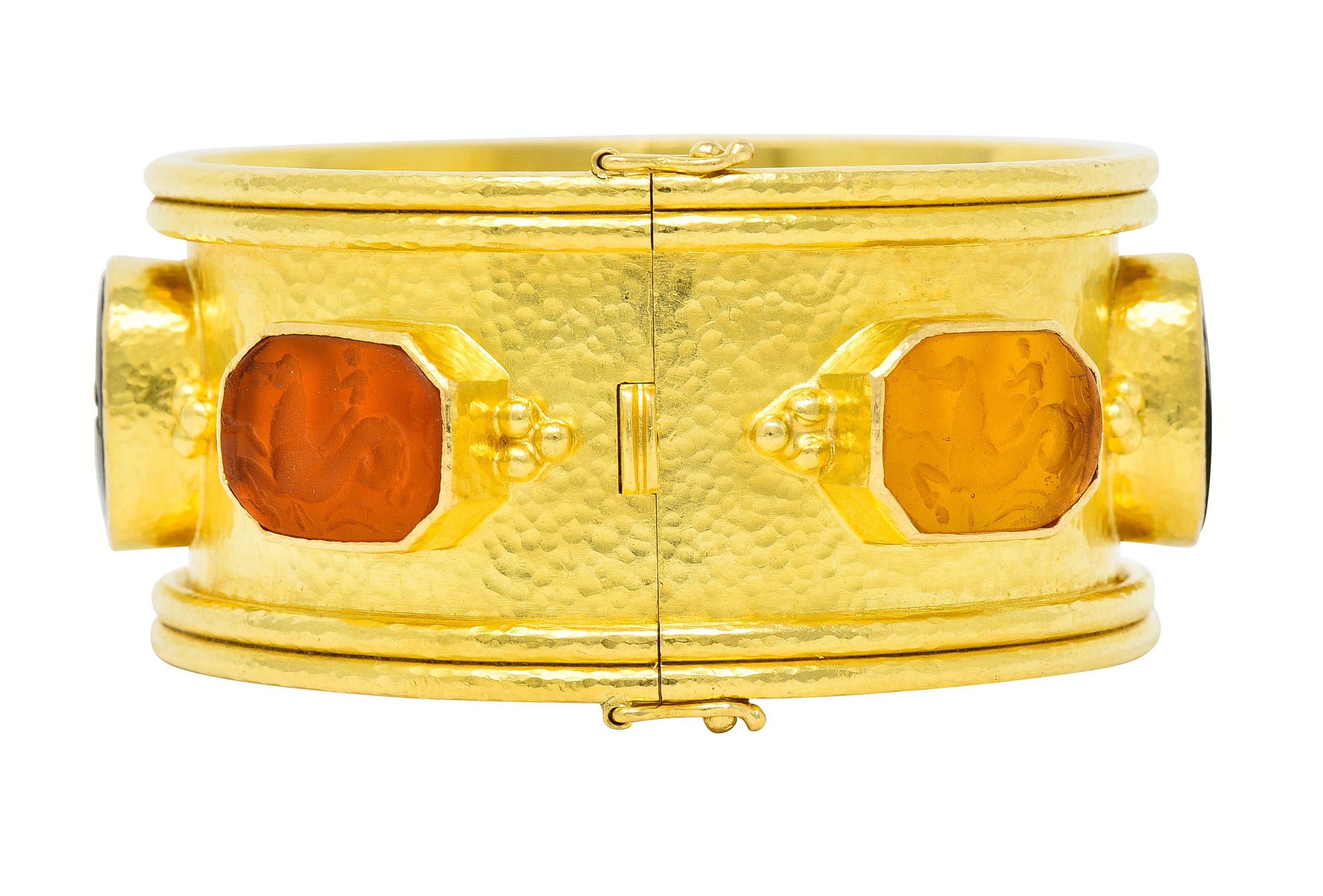 Cabochon Elizabeth Locke Intaglio 19 Karat Hammered Gold Bangle Bracelet