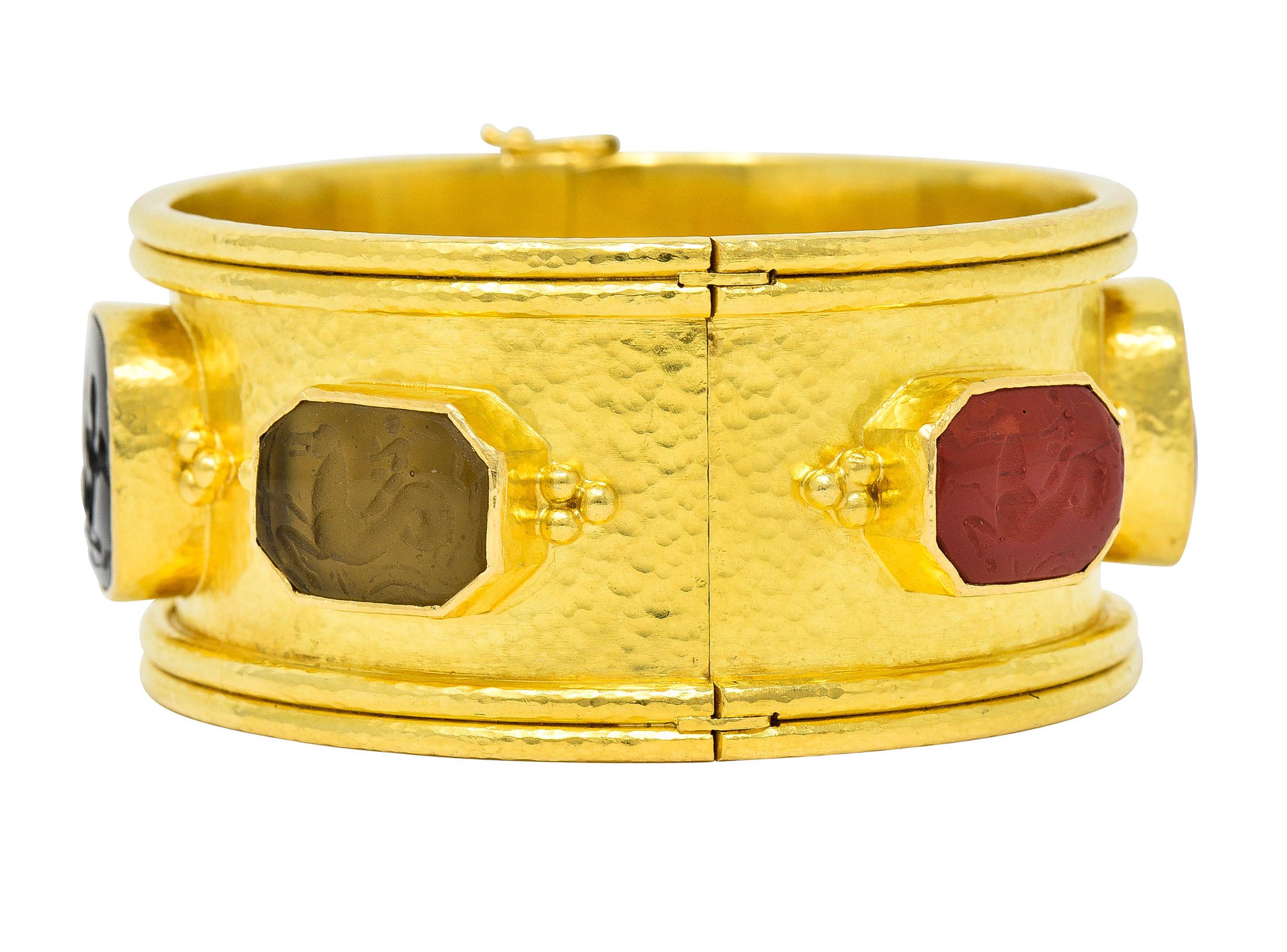 Women's or Men's Elizabeth Locke Intaglio 19 Karat Hammered Gold Bangle Bracelet