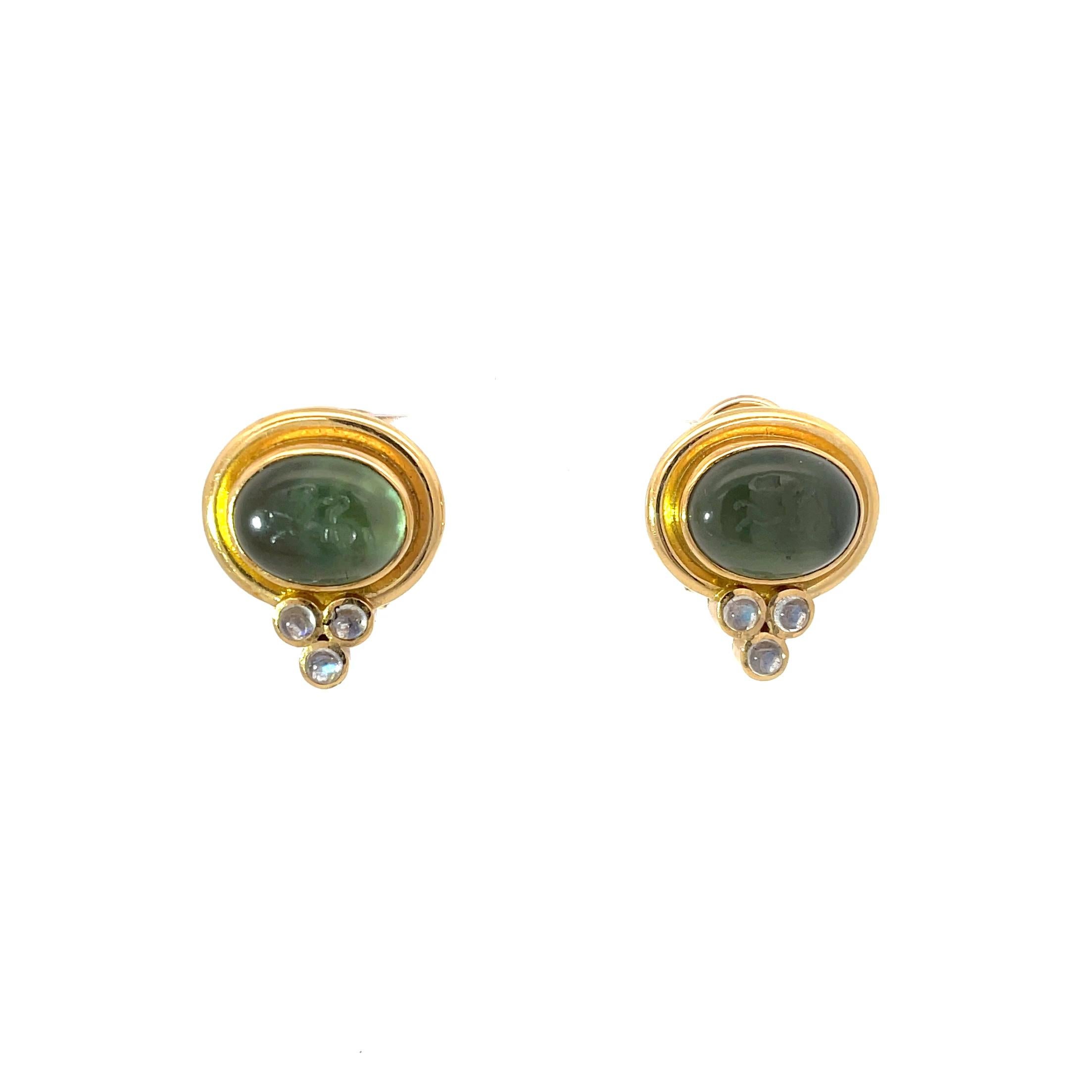Elizabeth Locke Intaglio and Moonstone Earrings in 18K Yellow Gold. The earrings feature collapsible posts & omega clip backs. Measure 23mm x 19mm and weigh 16 grams.