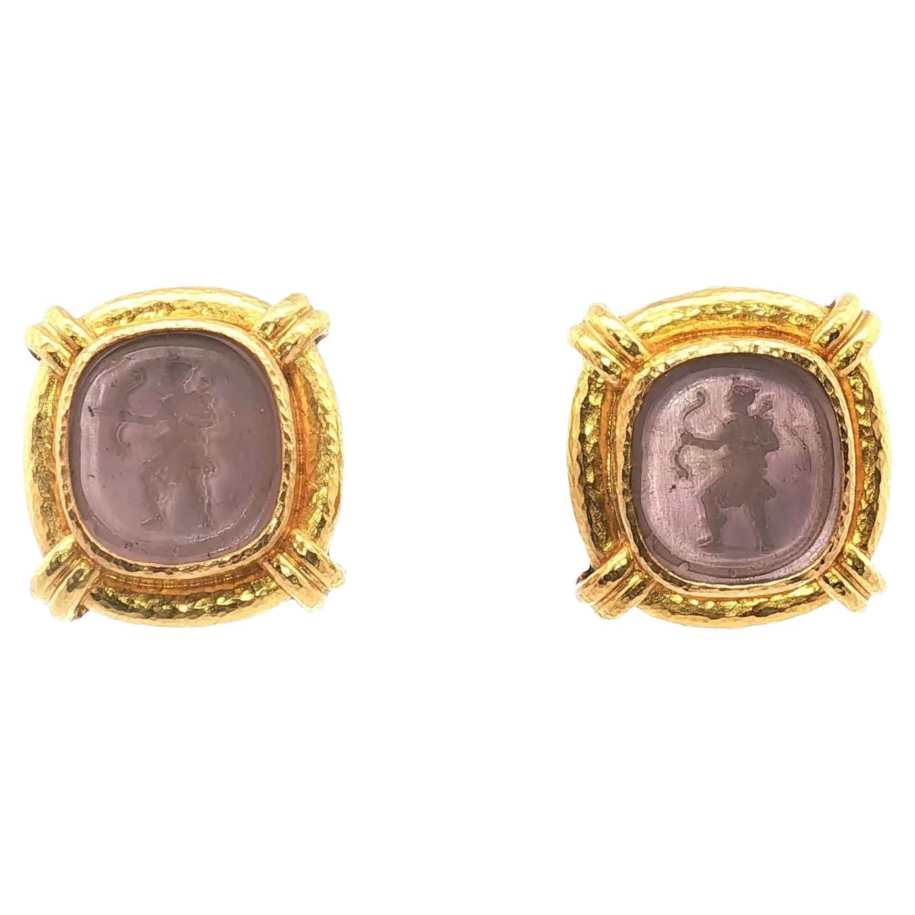 Elizabeth Locke Intaglio Rosa Venezianisches Glas 19 Karat Gelbgold Ohrringe