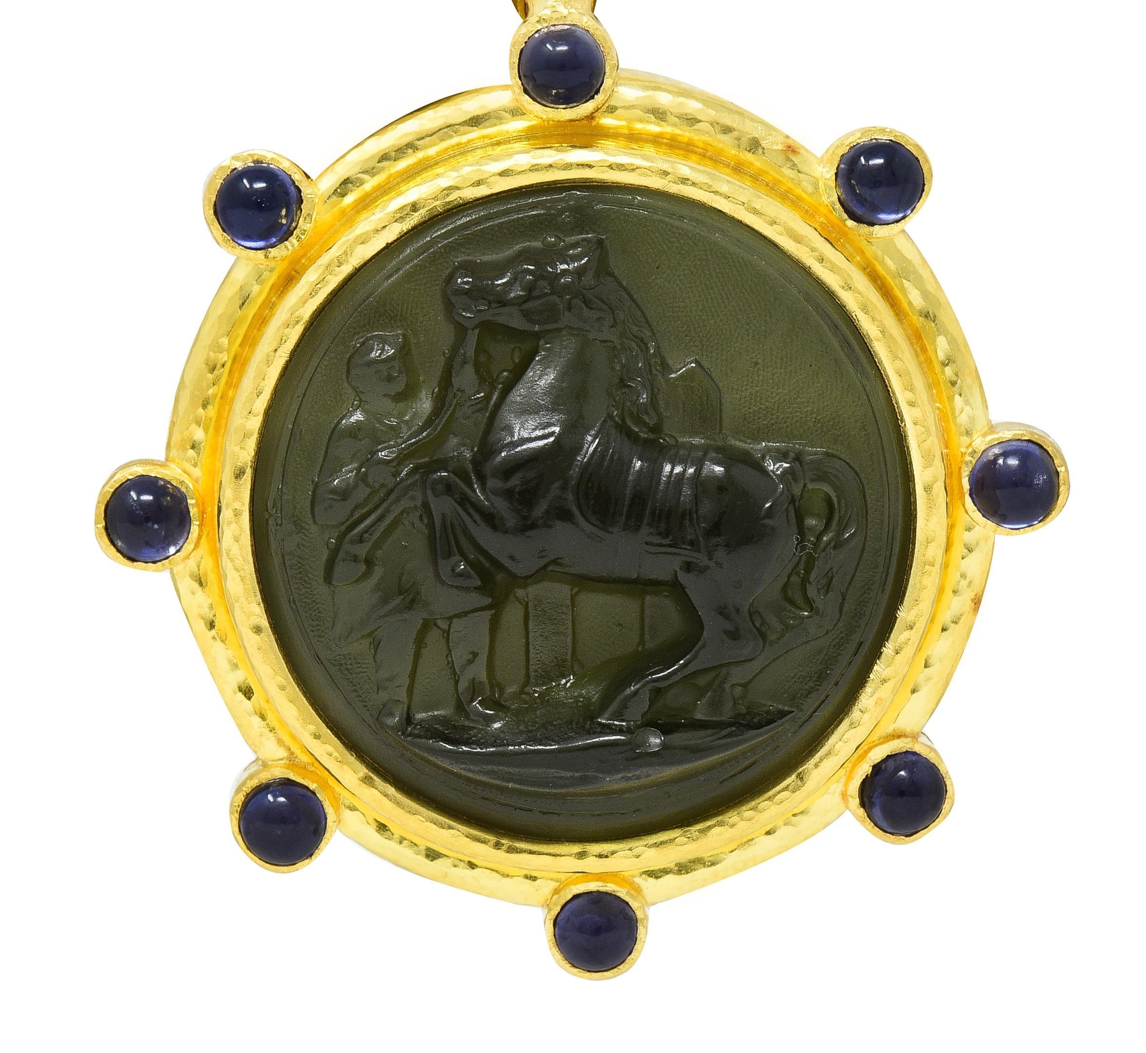 Women's or Men's Elizabeth Locke Iolite Venetian Glass 19 Karat Yellow Gold Horse Cameo Pendant For Sale
