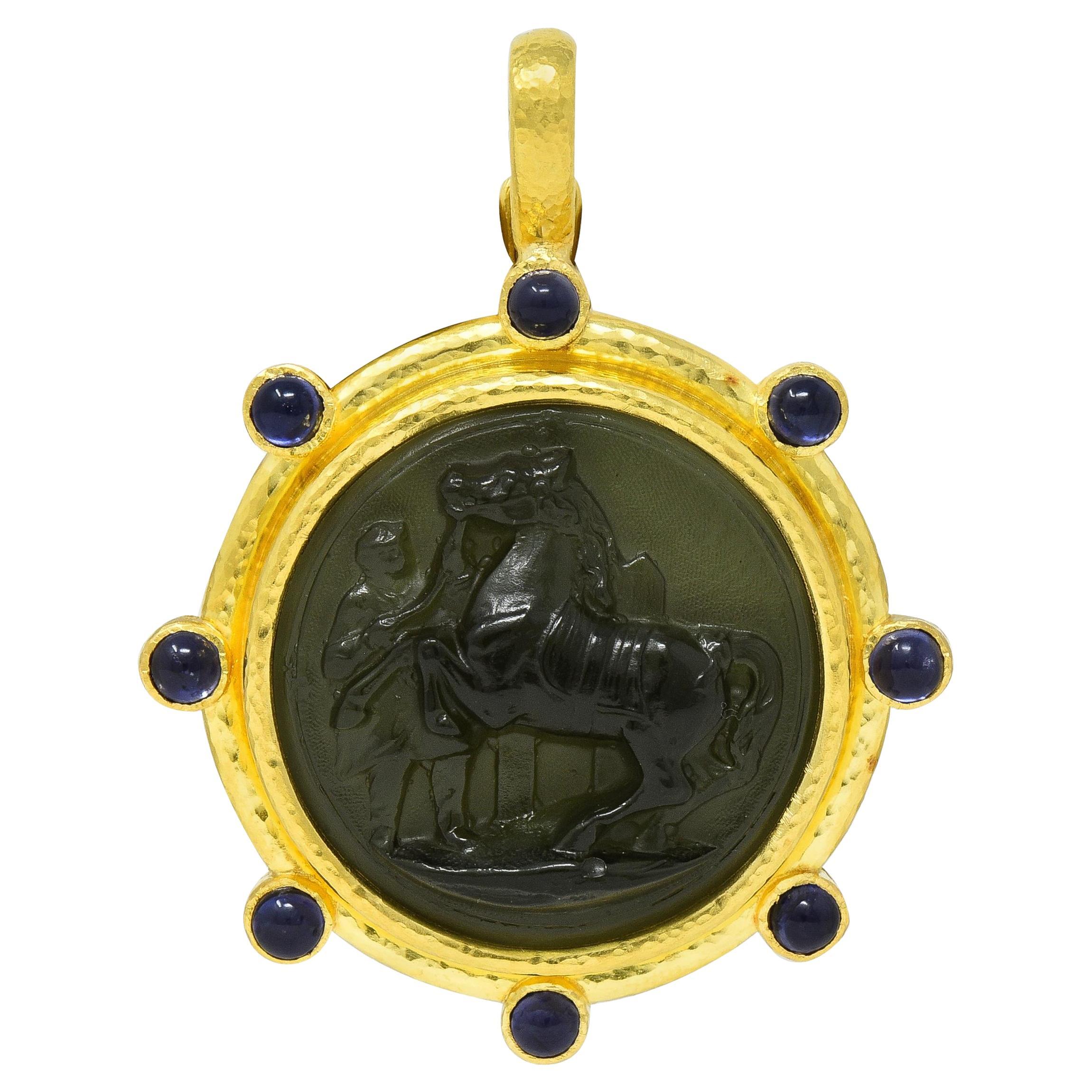 Elizabeth Locke Iolite Venetian Glass 19 Karat Yellow Gold Horse Cameo Pendant For Sale