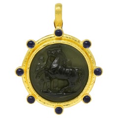 Used Elizabeth Locke Iolite Venetian Glass 19 Karat Yellow Gold Horse Cameo Pendant
