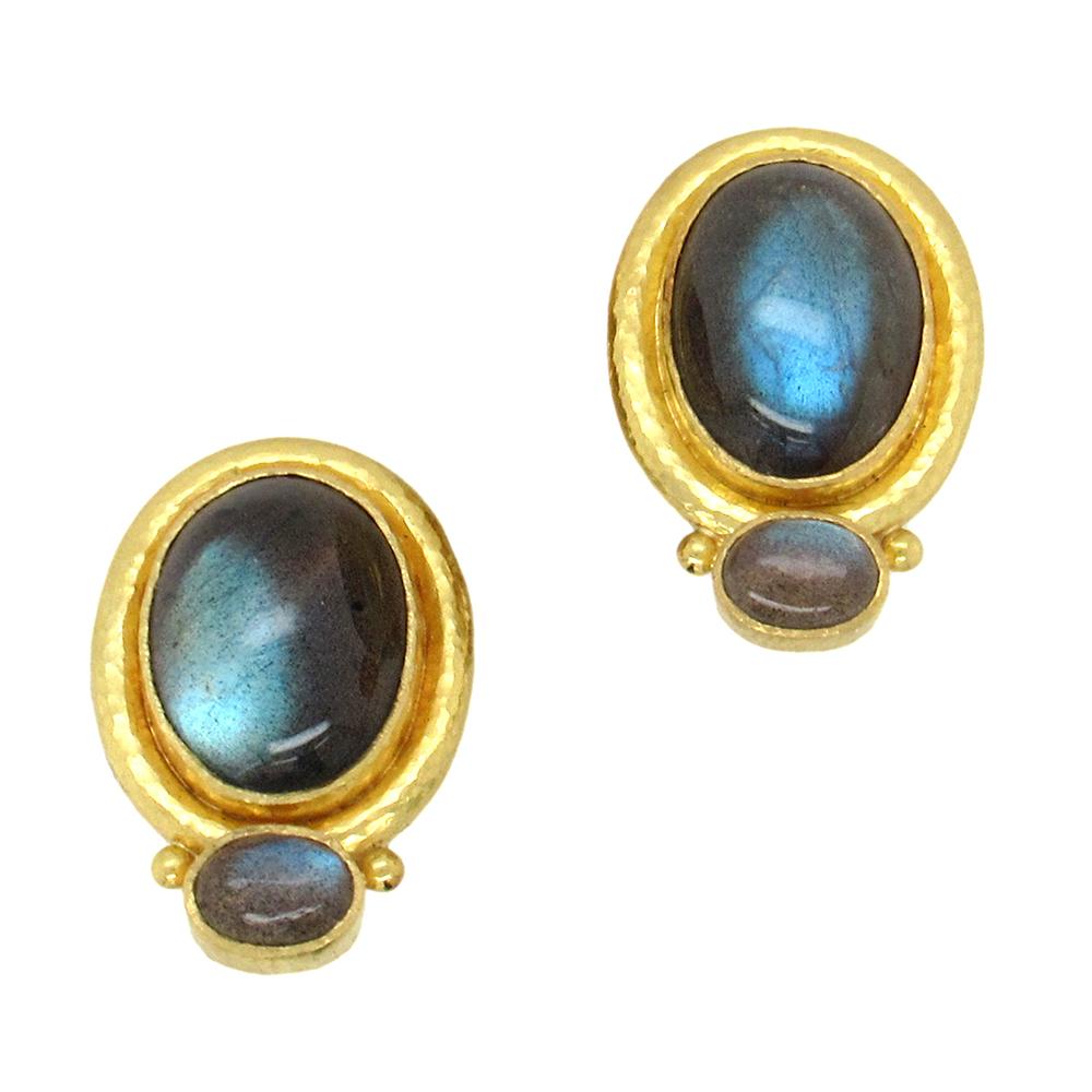 Elizabeth Locke 19K gold and labradorite earrings are richly finished with hammered gold and hinged post for pierced or non-pierced ears.  Earrings measure 3/4