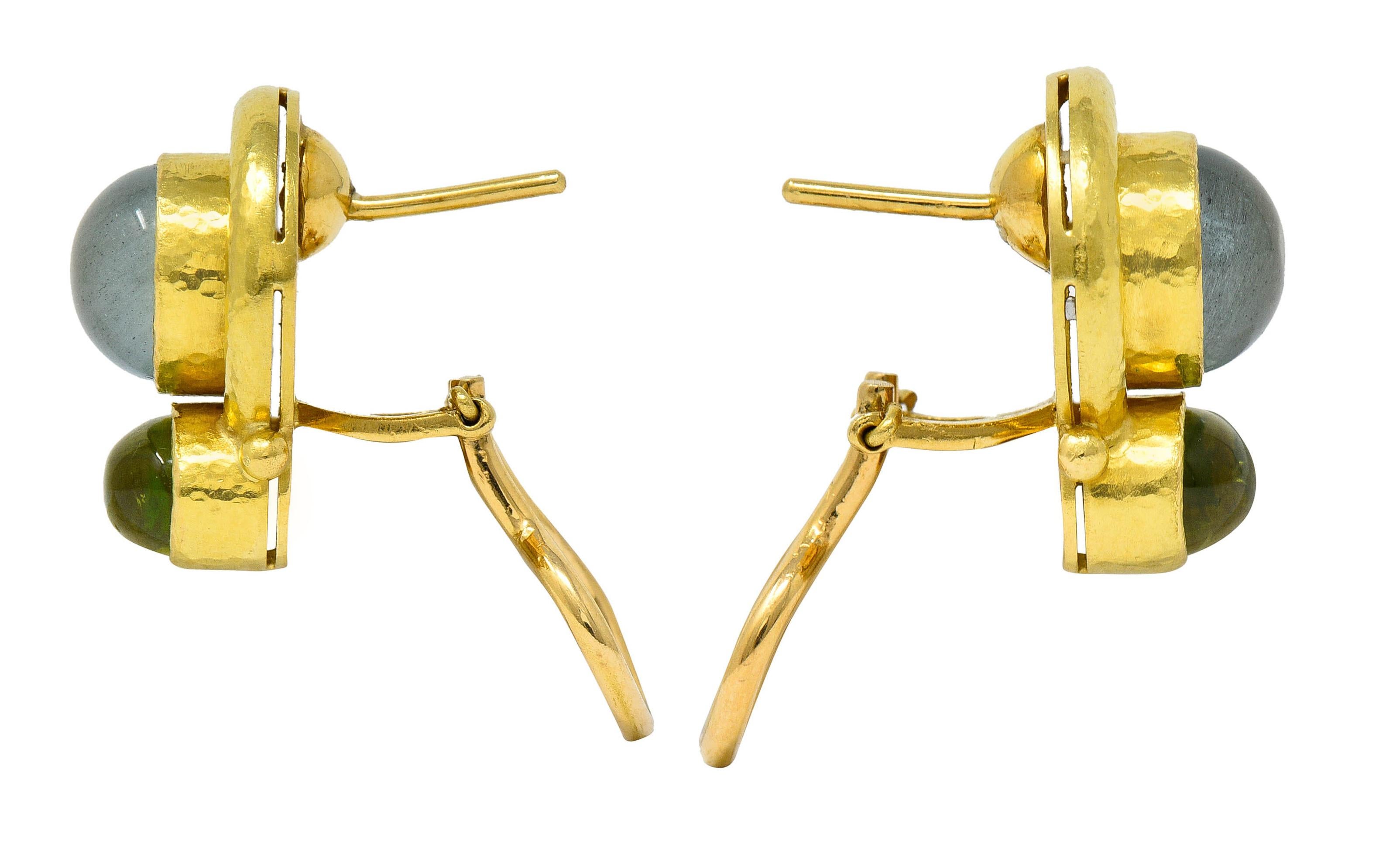 Elizabeth Locke Labradorite Peridot 18 Karat Gold Hammered Earrings In Excellent Condition In Philadelphia, PA