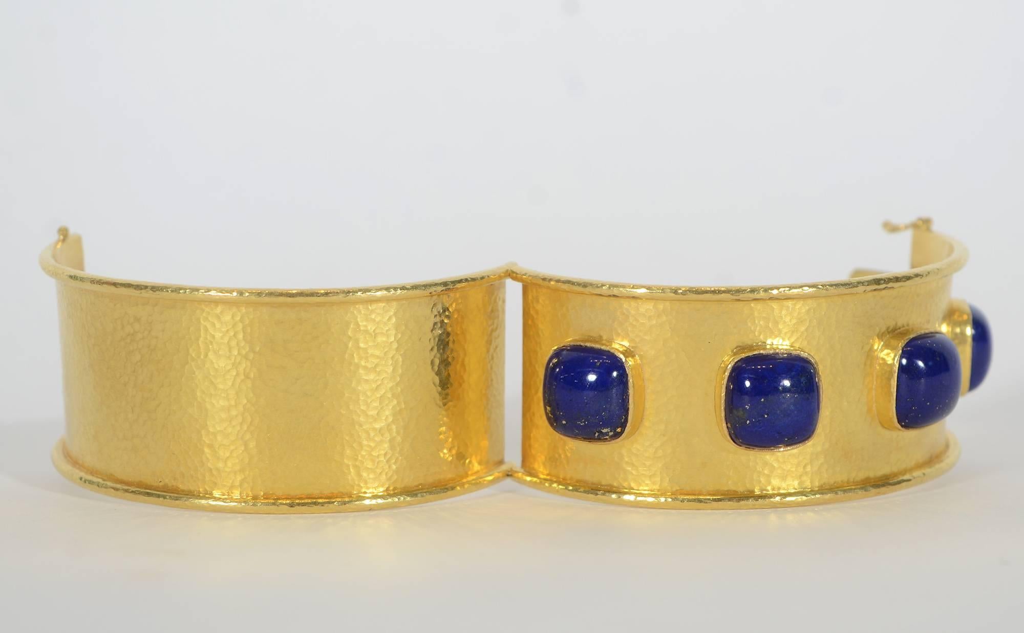 Cabochon Elizabeth Locke Lapis Lazuli Wide Gold Bracelet For Sale