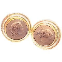 Vintage Elizabeth Locke Lava Cameo Large Yellow Gold Earrings