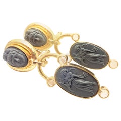 Elizabeth Locke Lava Cameo Moonstone Yellow Gold Hanging Earrings