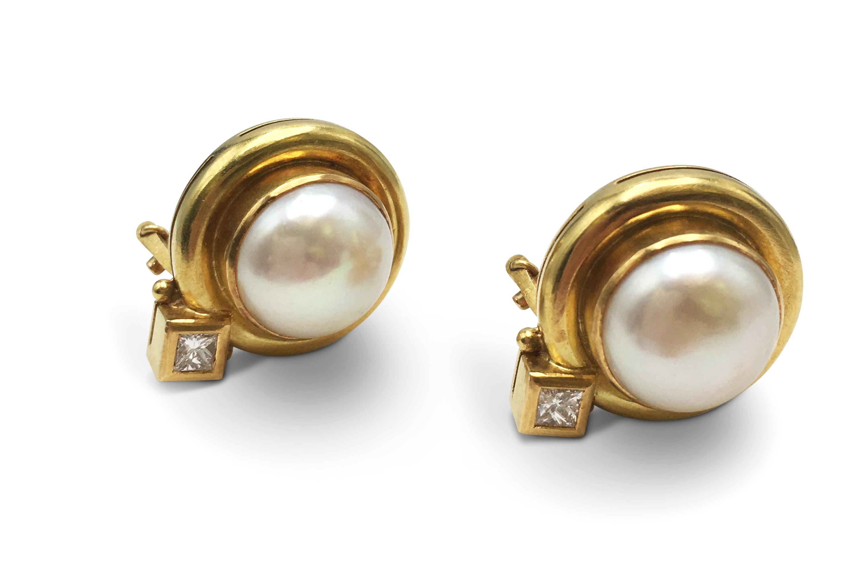 Square Cut Elizabeth Locke Mabe Pearl Gold and Diamond Earrings