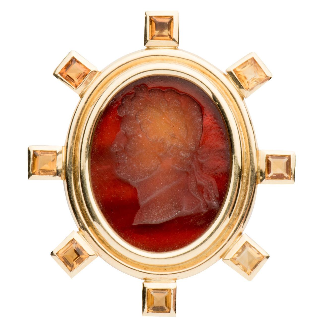 Elizabeth Locke Maroon Venetian Glass Intaglio Brooch, 19k