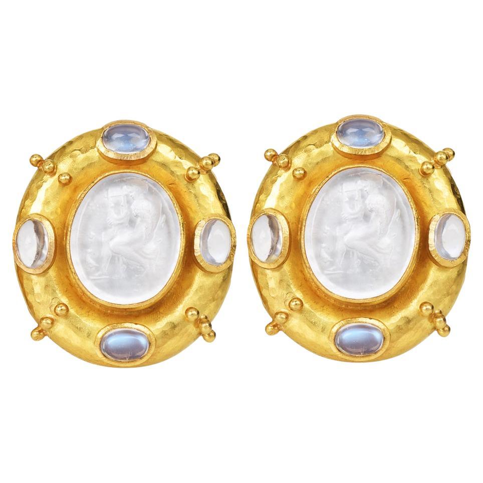 Elizabeth Locke Moonstone 18K Intaglio Woman Playing Lyre Earrings
