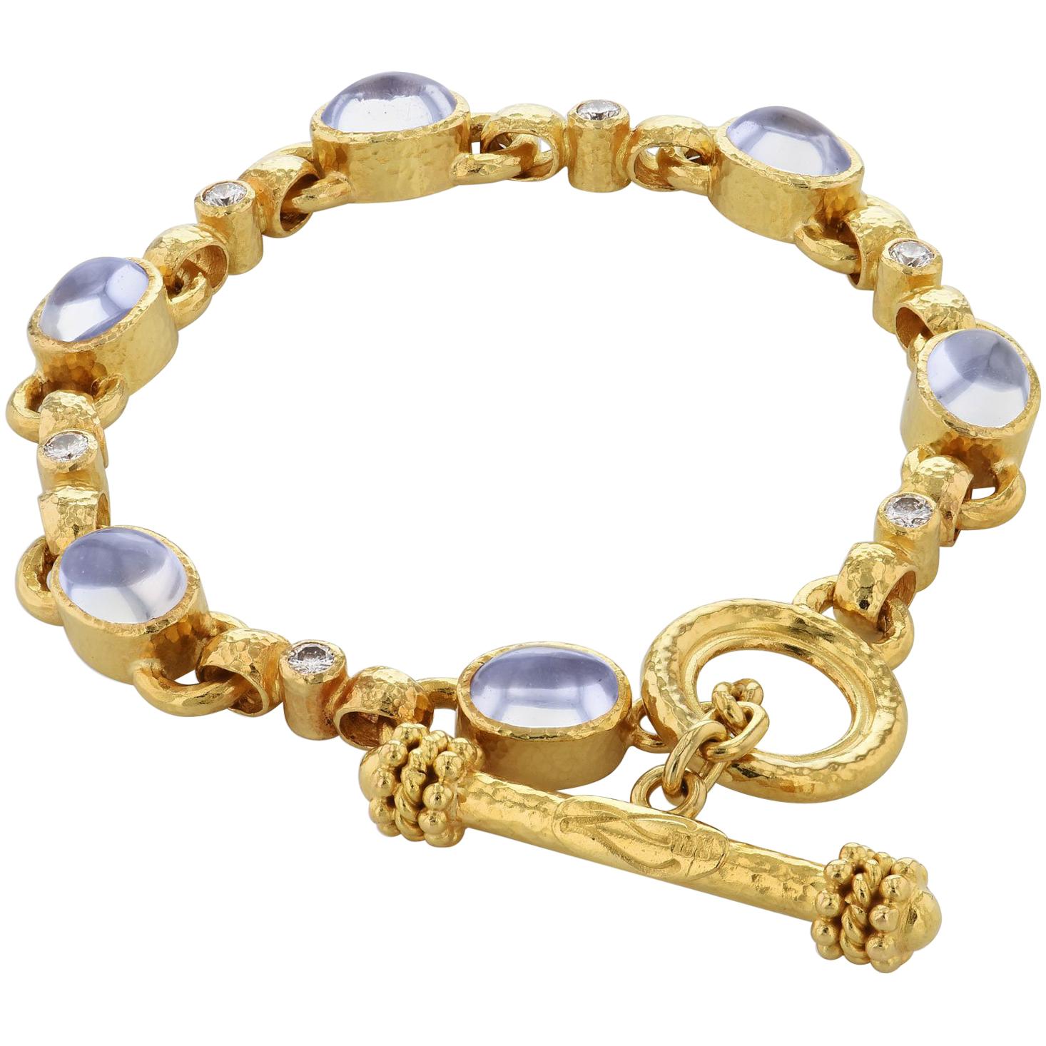 Elizabeth Locke Moonstone and Diamond 18 Karat Yellow Gold Toggle Bracelet