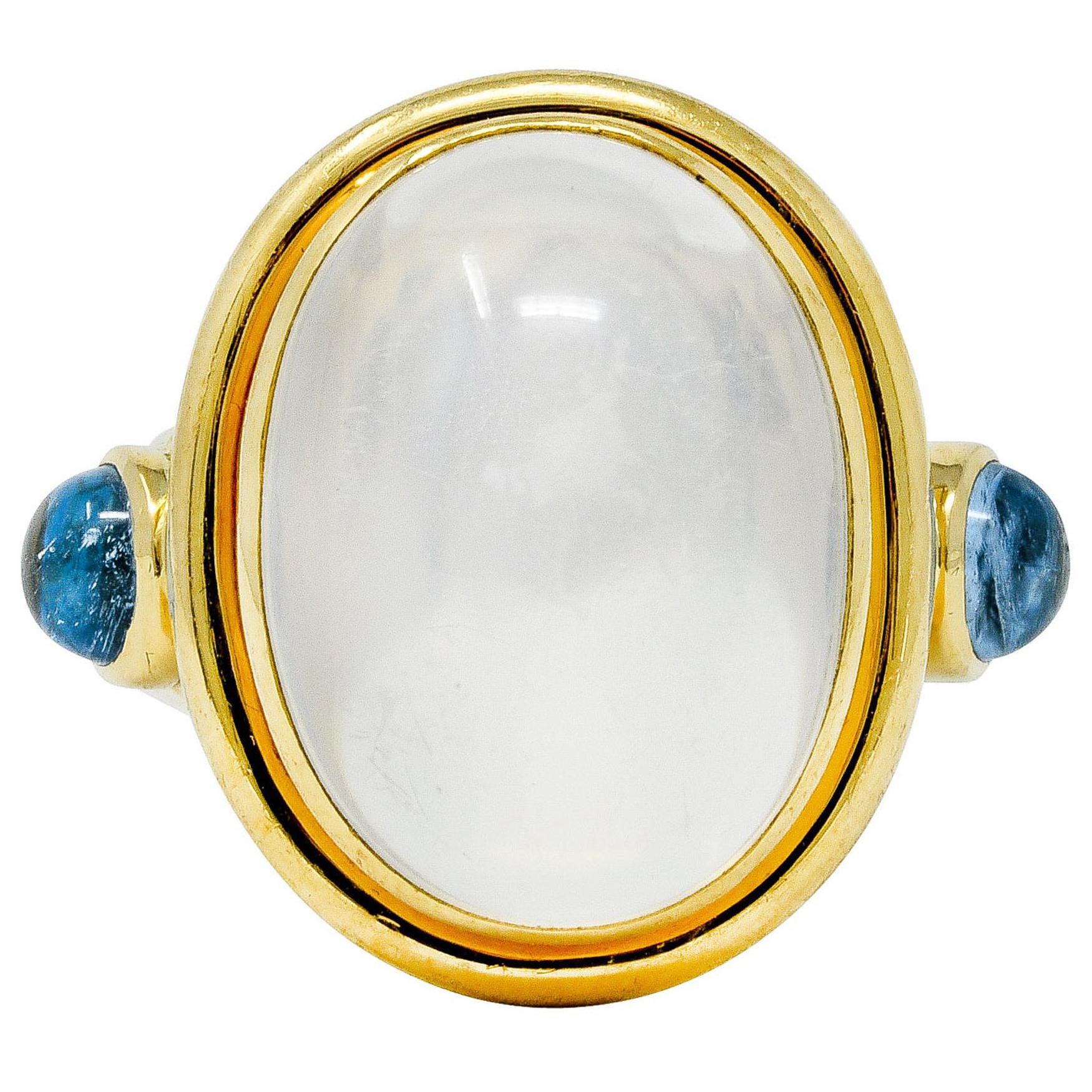 Elizabeth Locke Moonstone Aquamarine 18 Karat Yellow Gold Cabochon Ring