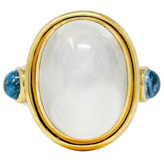 18k yellow gold olive green moonstone cabochon ring Elizabeth Locke Moonstone Aquamarine 18 Karat Yellow Gold Cabochon Ring