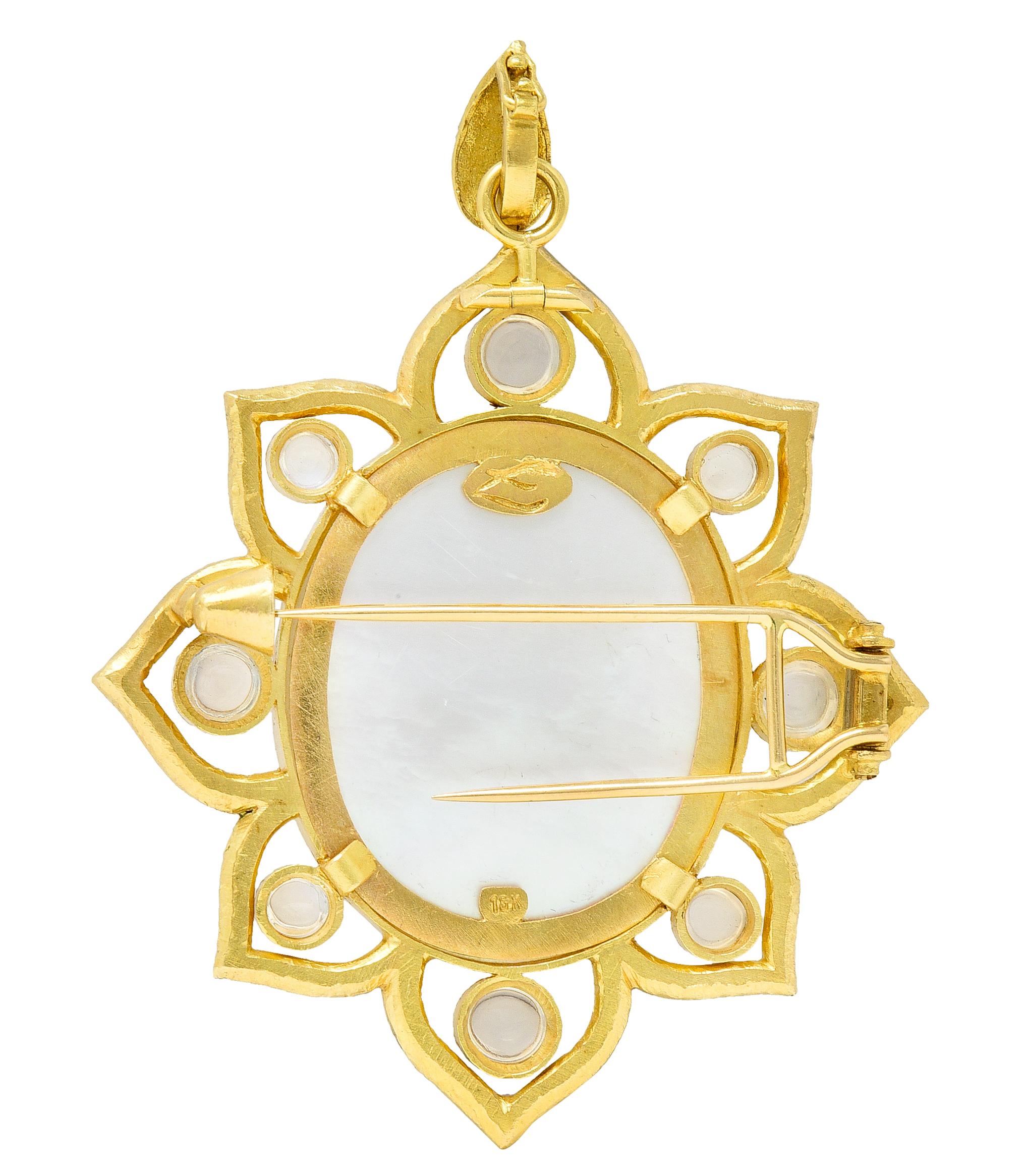 Cabochon Elizabeth Locke Moonstone Glass Pearl 18 Karat Gold Goddess Pendant Brooch
