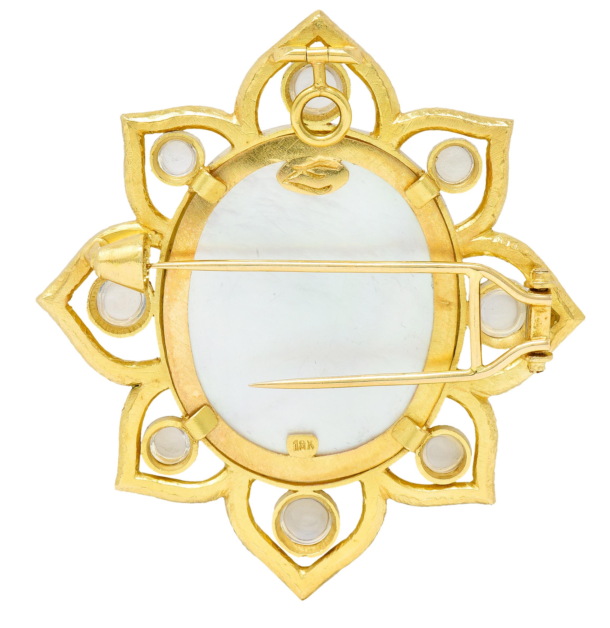 Elizabeth Locke Moonstone Glass Pearl 18 Karat Gold Goddess Pendant Brooch In Excellent Condition In Philadelphia, PA