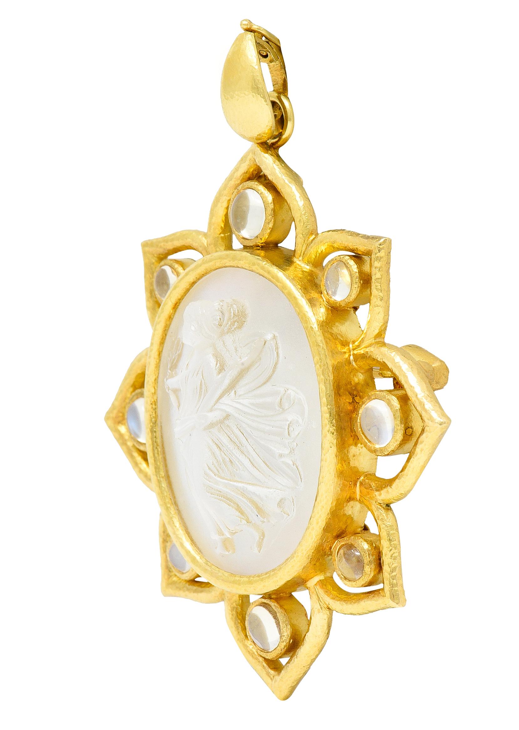 Women's or Men's Elizabeth Locke Moonstone Glass Pearl 18 Karat Gold Goddess Pendant Brooch