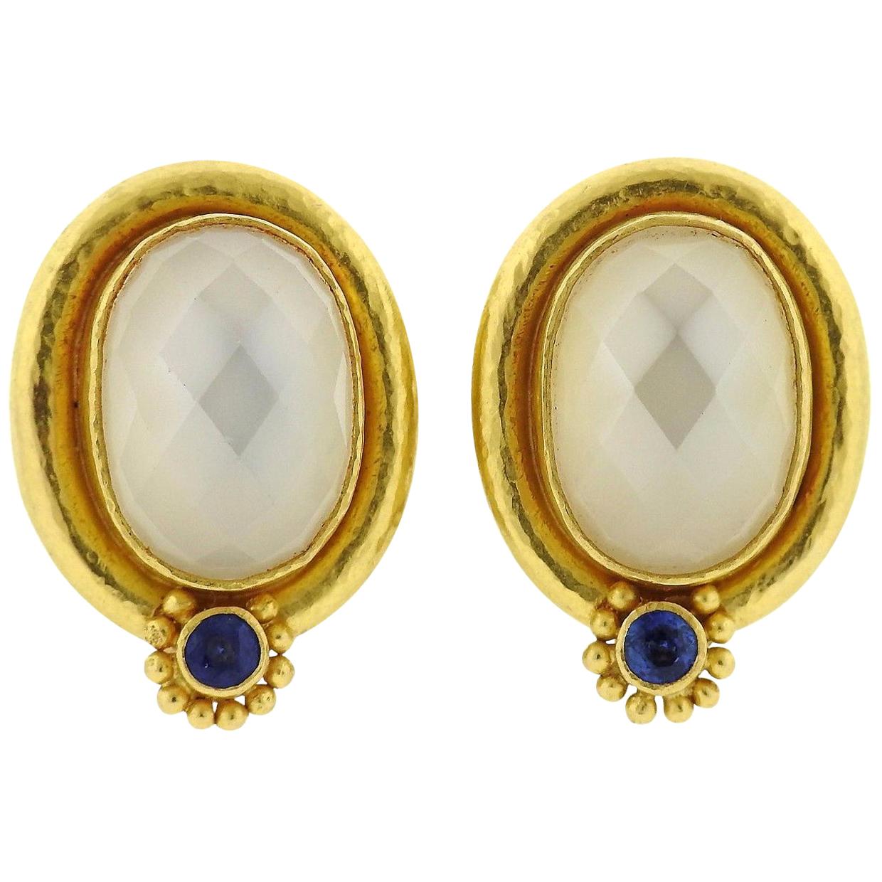 Elizabeth Locke Moonstone Sapphire Gold Earrings For Sale