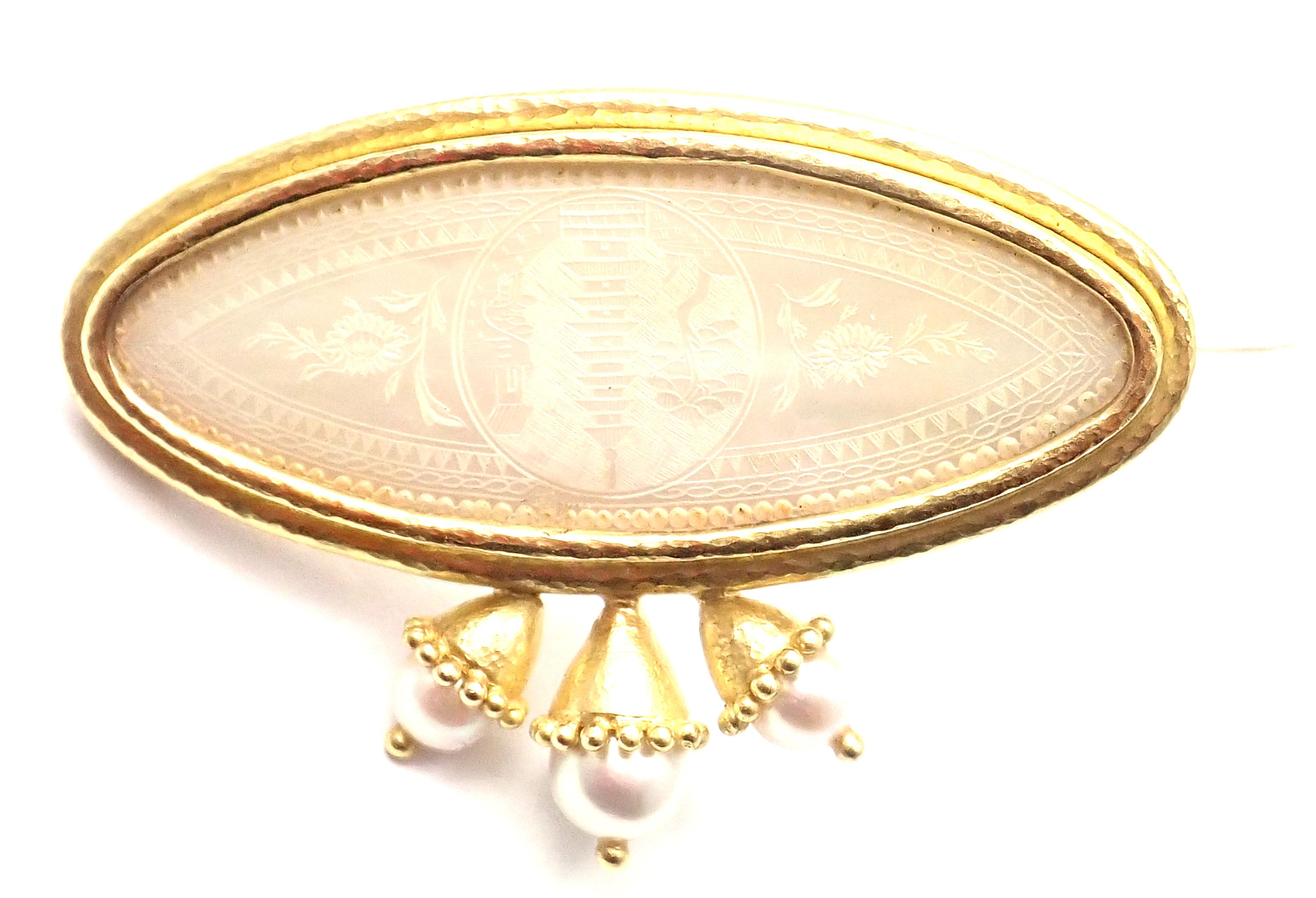 Hammered 18k Yellow Gold Mother of Pearl And Cultured Pearl Brooch Pin by Elizabeth Locke. 
With One Large oval shaped mother of pearl & 3 cultured pearls 8mm, 6.5mm, 6.5mm
Details: 
Weight: 32.3 grams
Measurements: 67mm x 46mm
Stamped Hallmarks: