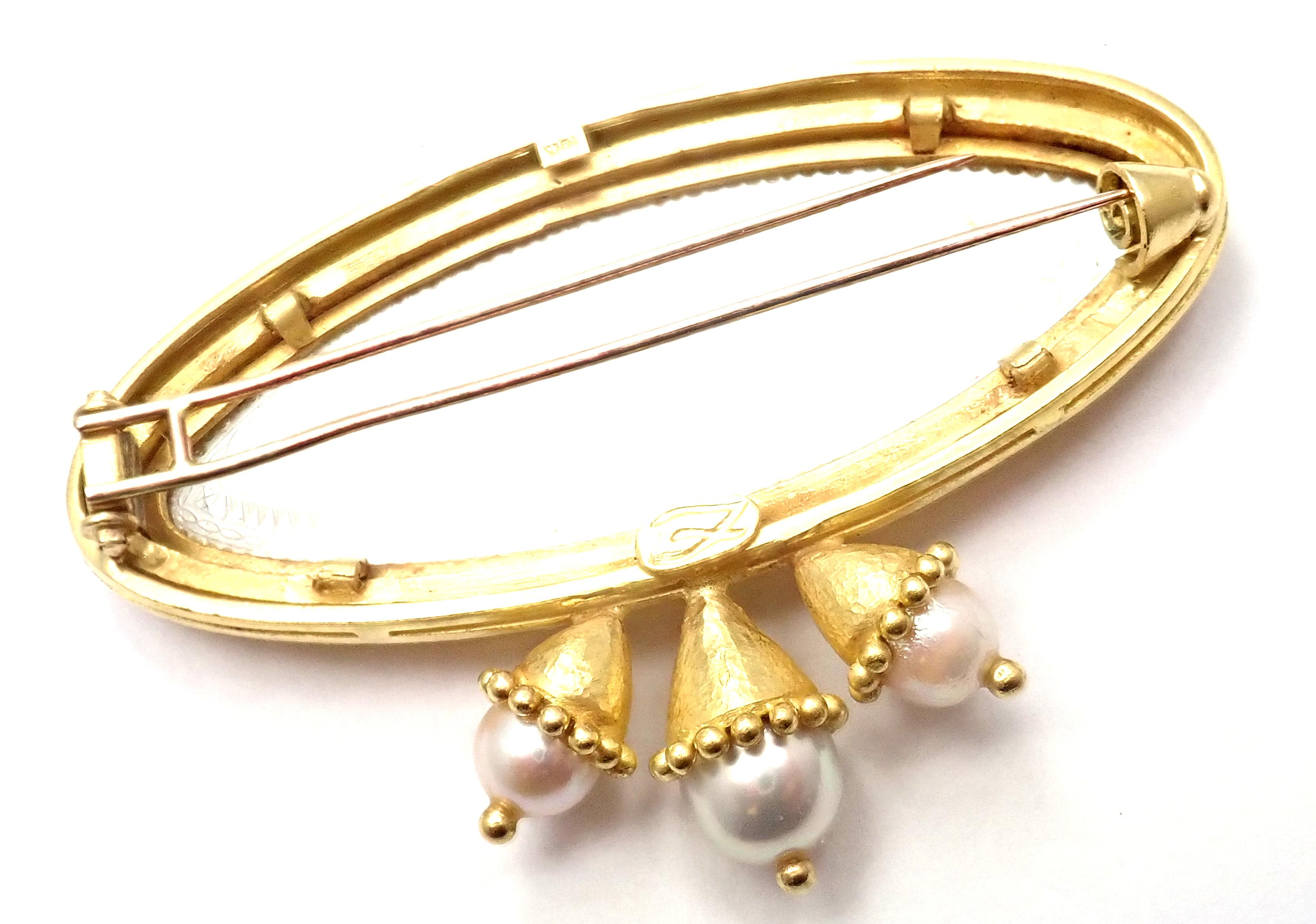 Bead Elizabeth Locke Mother of Pearl & Cultured Pearl Hammered Yellow Gold Brooch Pin For Sale