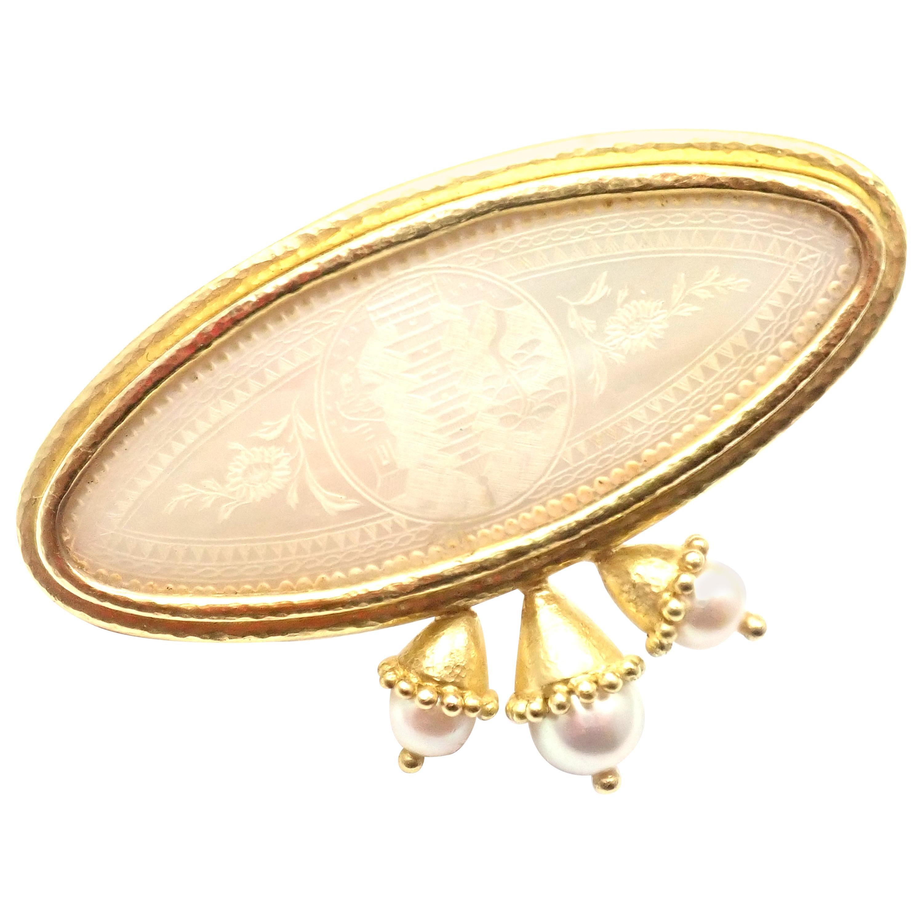 Elizabeth Locke Mother of Pearl & Cultured Pearl Hammered Yellow Gold Brooch Pin For Sale