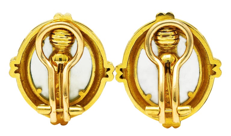 Contemporary Elizabeth Locke Mother Pearl Venetian Glass 19 Karat Gold Intaglio Earrings