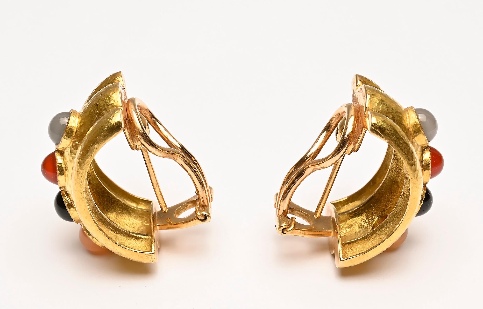 Cabochon Elizabeth Locke Multigem Half Hoop Earrings For Sale