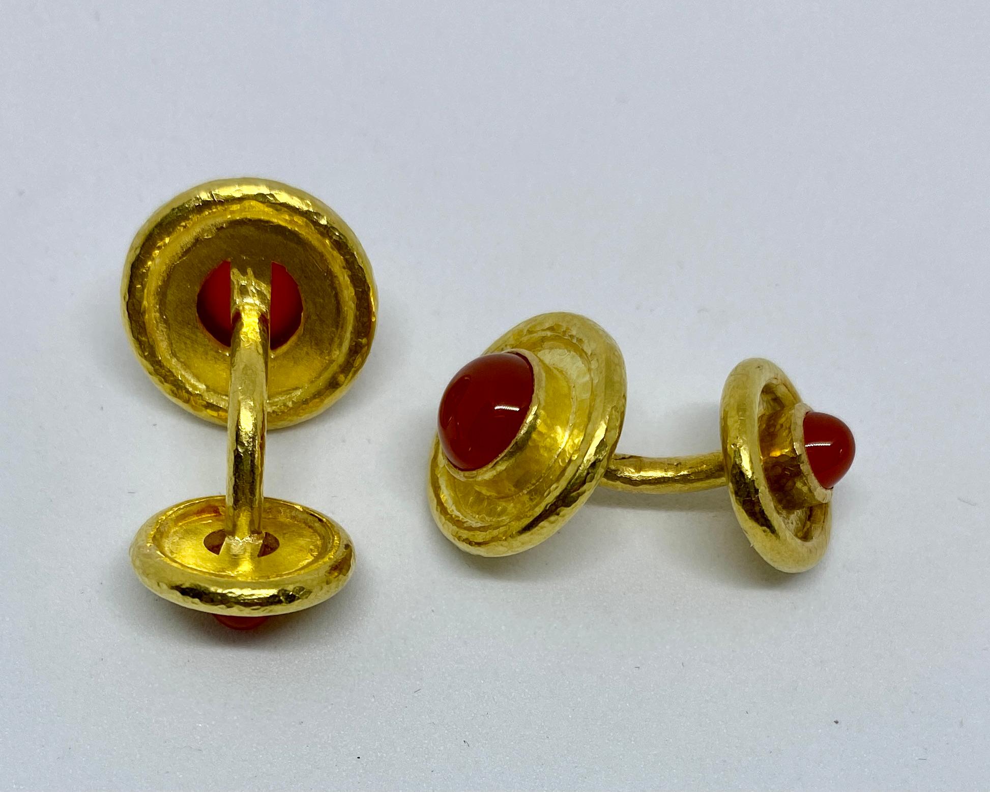 Cabochon Elizabeth Locke Neoclassical Cufflinks in Hammered Gold with Carnelian