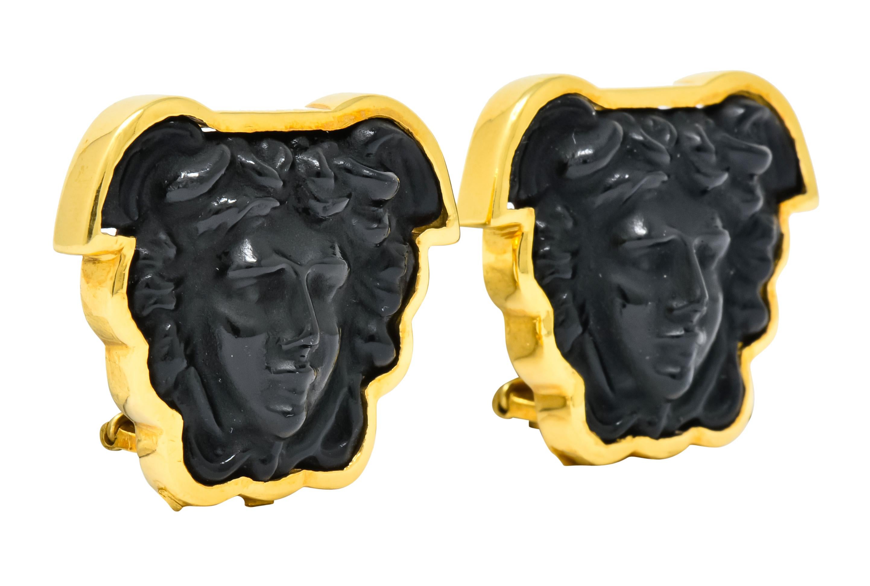 Contemporary Elizabeth Locke Onyx 18 Karat Gold Medusa Earrings
