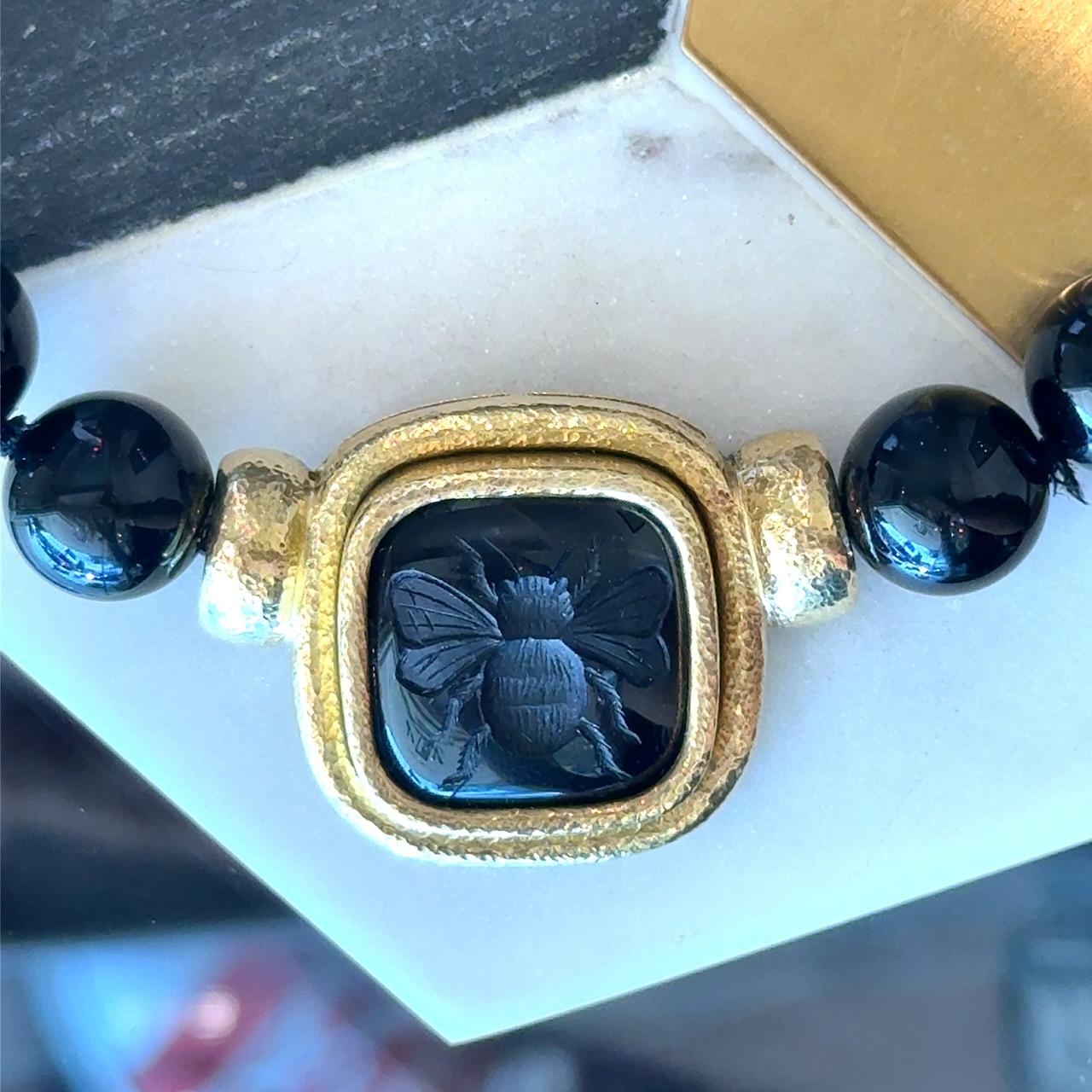 Bead Elizabeth Locke Onyx Bee 18K Gold Necklace For Sale