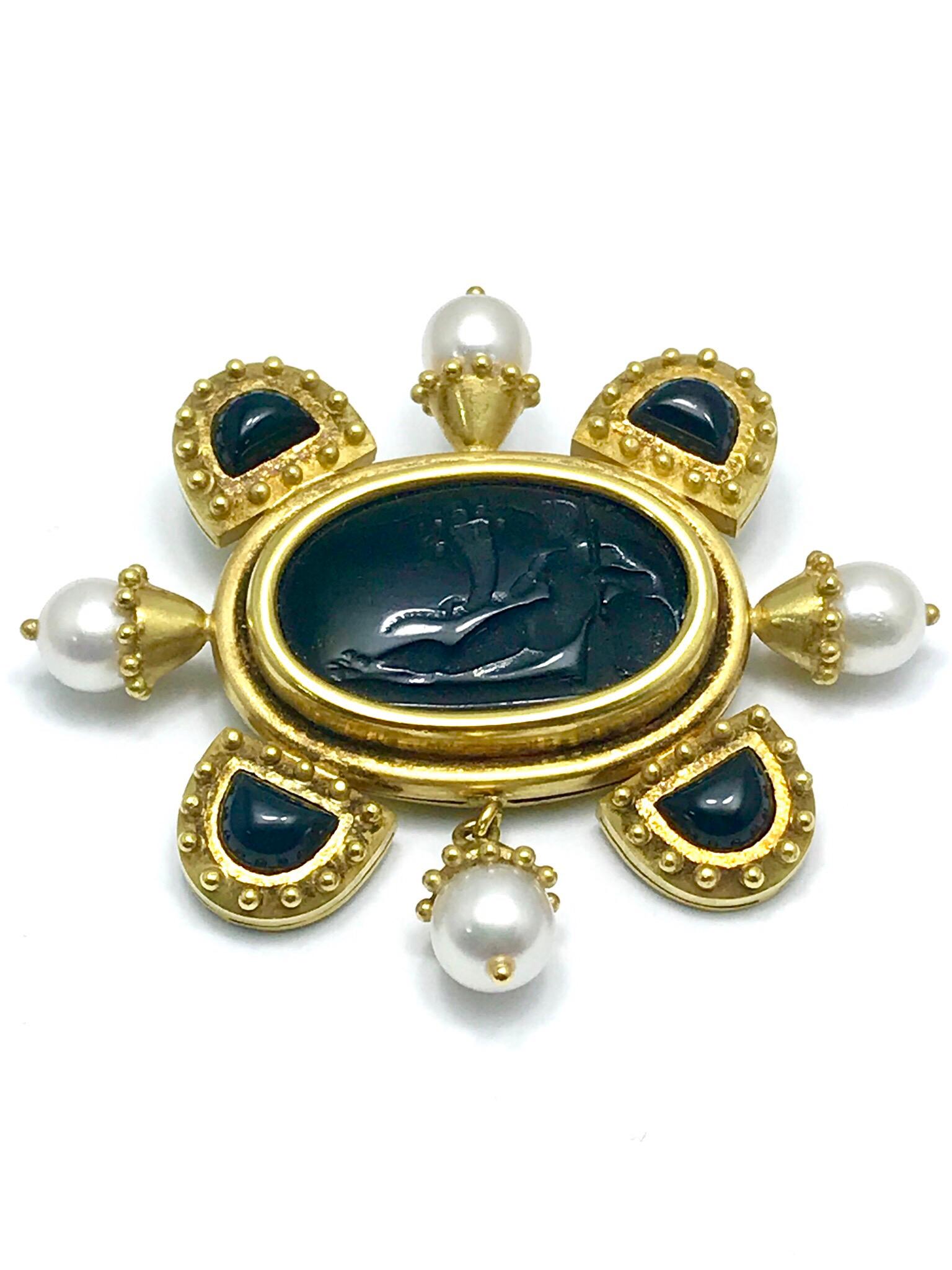 Modern Elizabeth Locke Onyx Intaglio and Cultured Pearl Gold Brooch