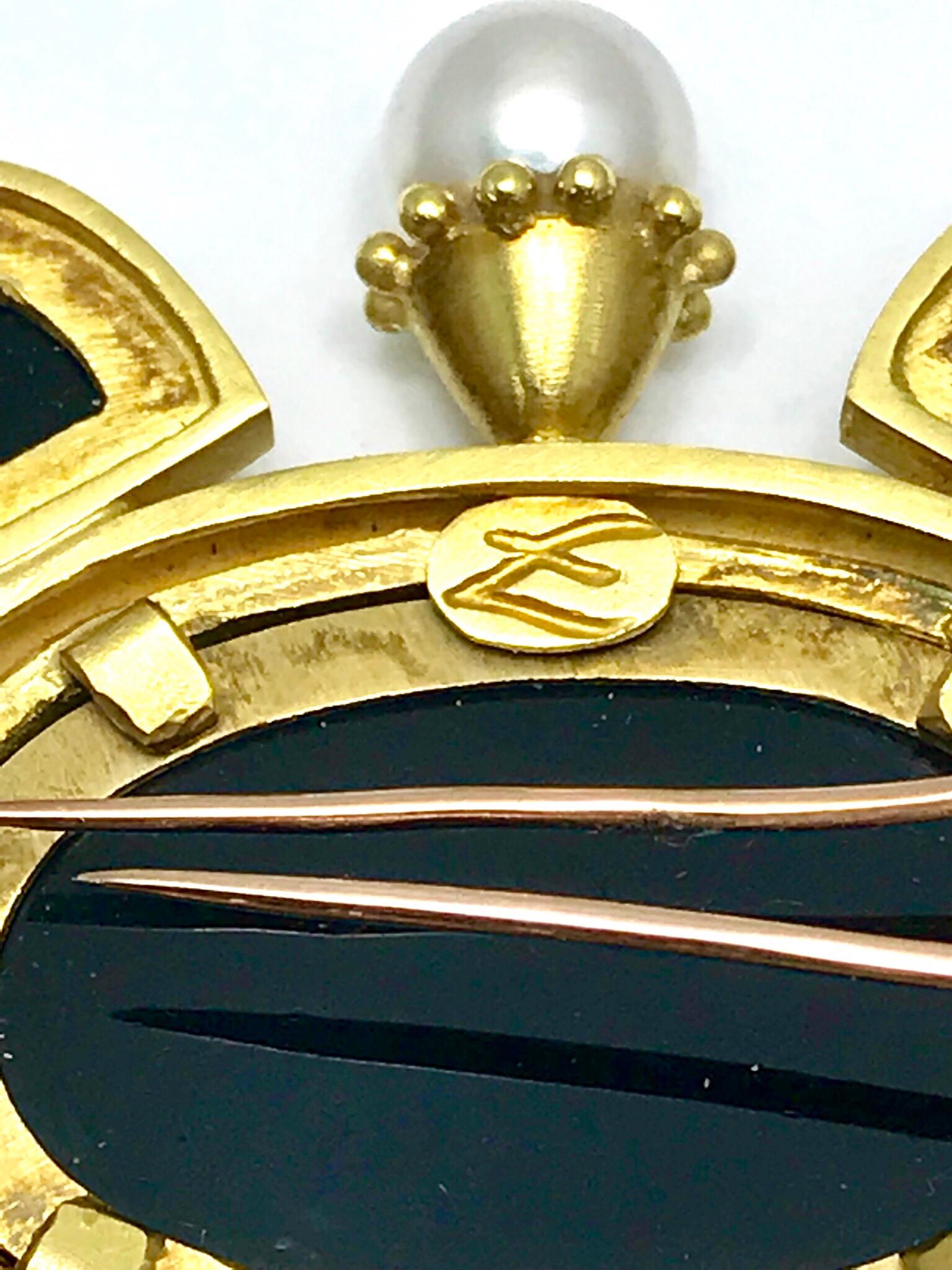 Elizabeth Locke Onyx Intaglio and Cultured Pearl Gold Brooch In Excellent Condition In Chevy Chase, MD