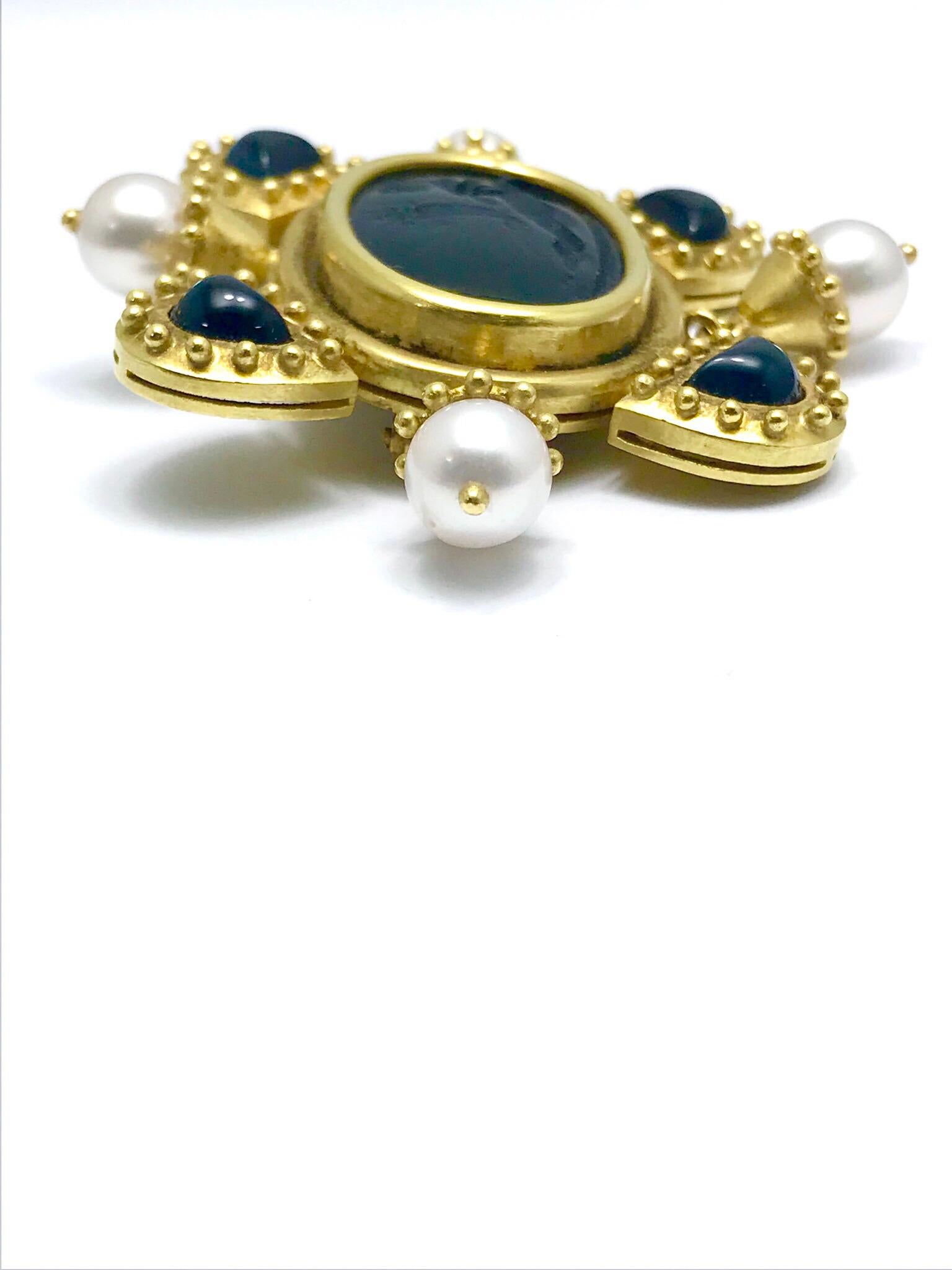 Elizabeth Locke Onyx Intaglio and Cultured Pearl Gold Brooch 3