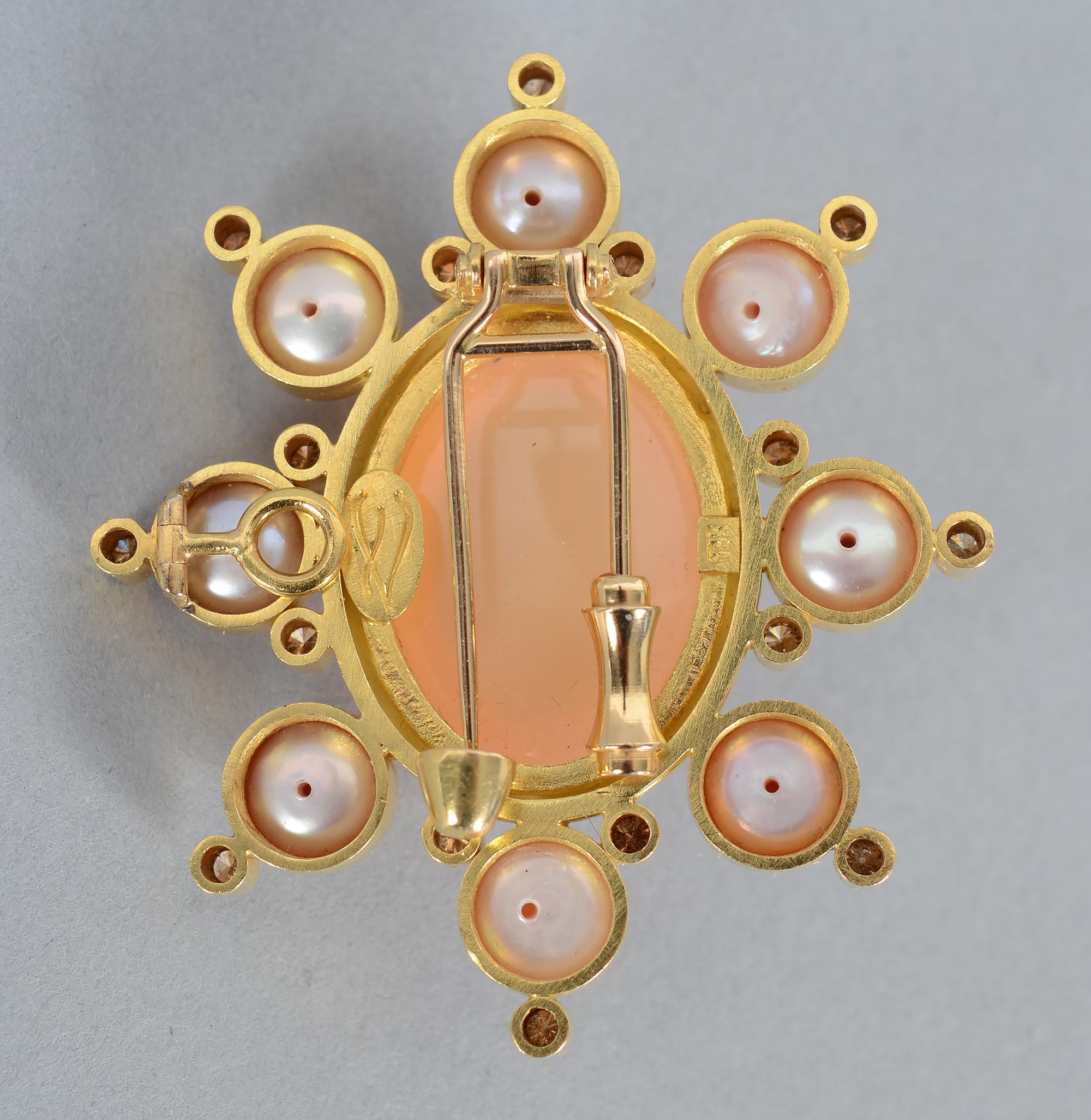 Round Cut Elizabeth Locke Peach Moonstone, Pearl and Diamond Brooch/ Pendant