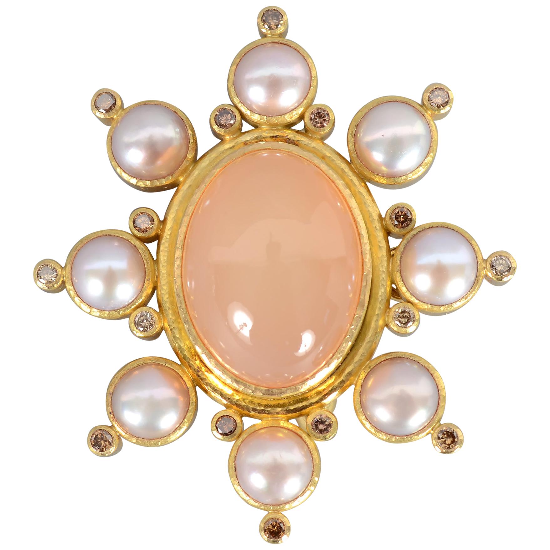 Elizabeth Locke Peach Moonstone, Pearl and Diamond Brooch/ Pendant