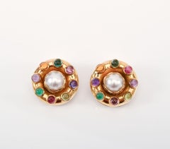 Elizabeth Locke Pearl and Multigem Round Earrings