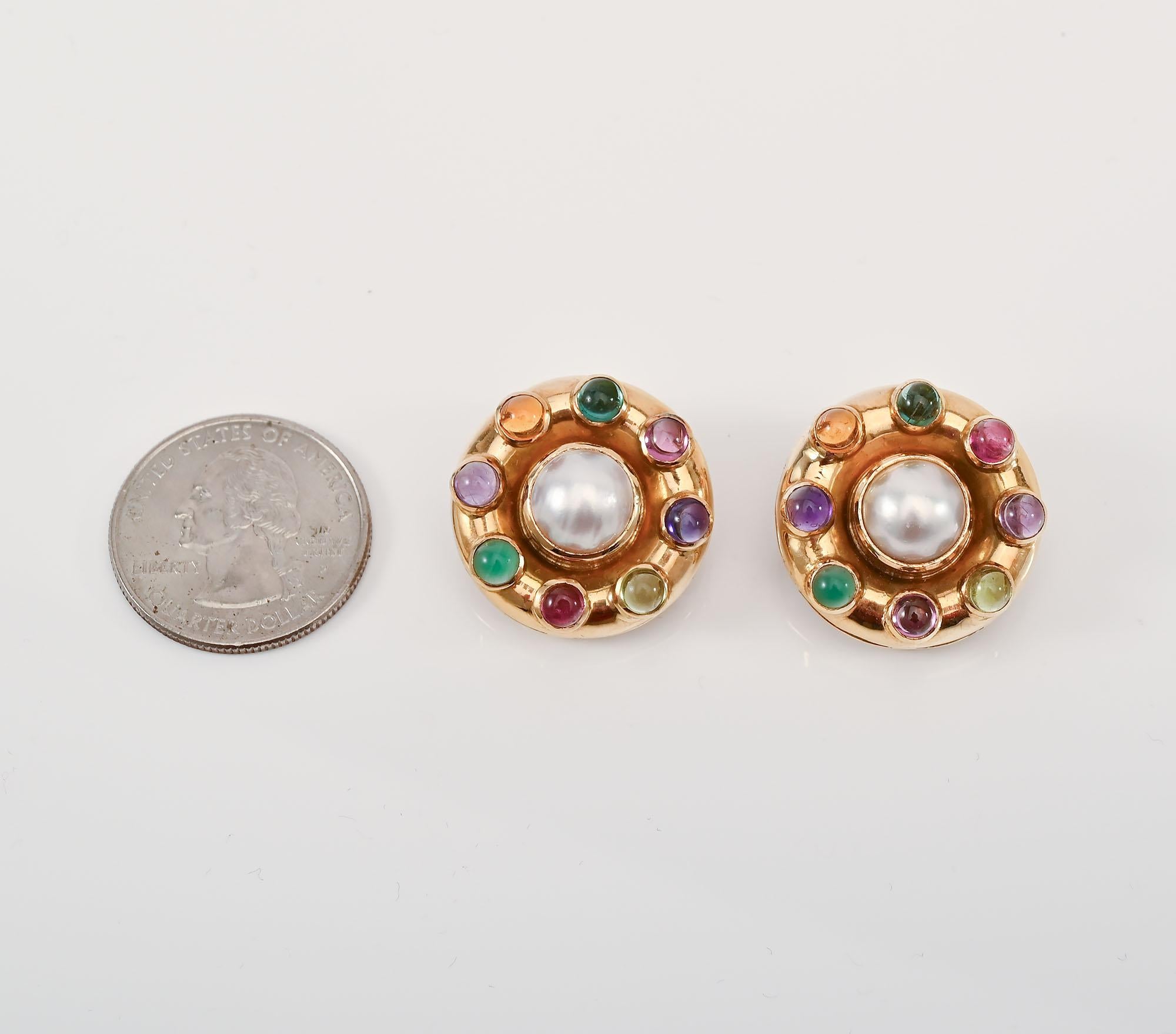 Round Cut Elizabeth Locke Pearl and Multigem Round Earrings For Sale