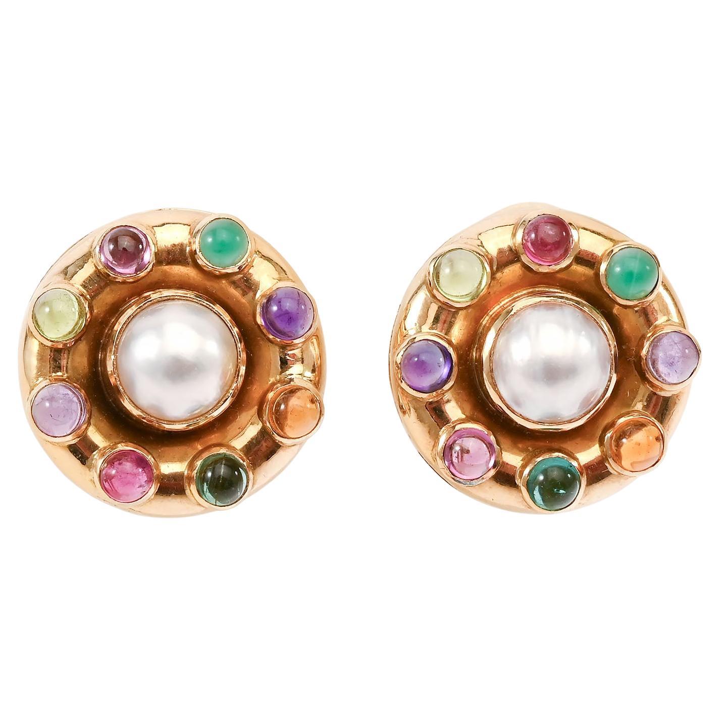 Elizabeth Locke Pearl and Multigem Round Earrings For Sale