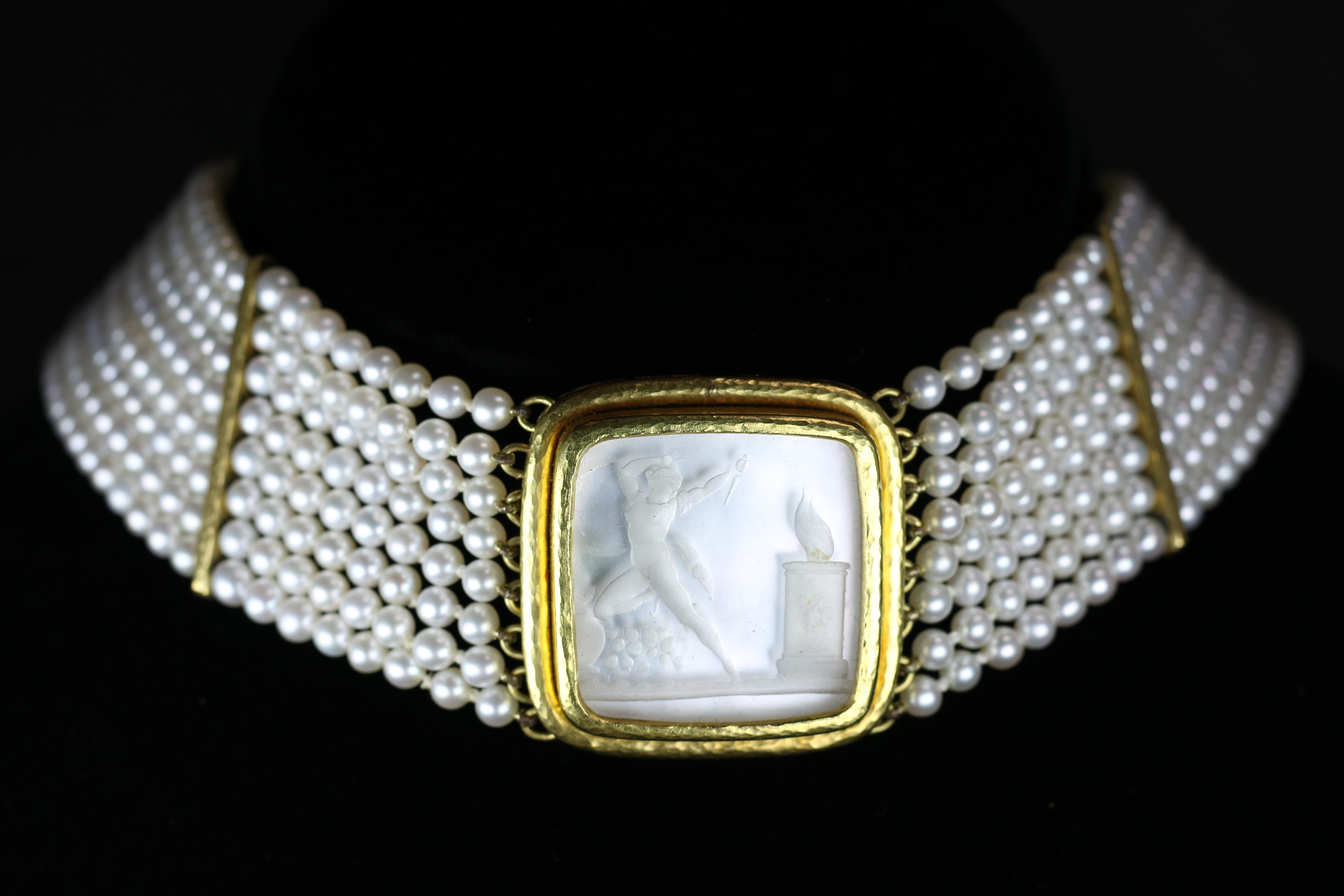 Modern Elizabeth Locke Pearl Choker with Mother of Pearl Intaglio and Gold For Sale