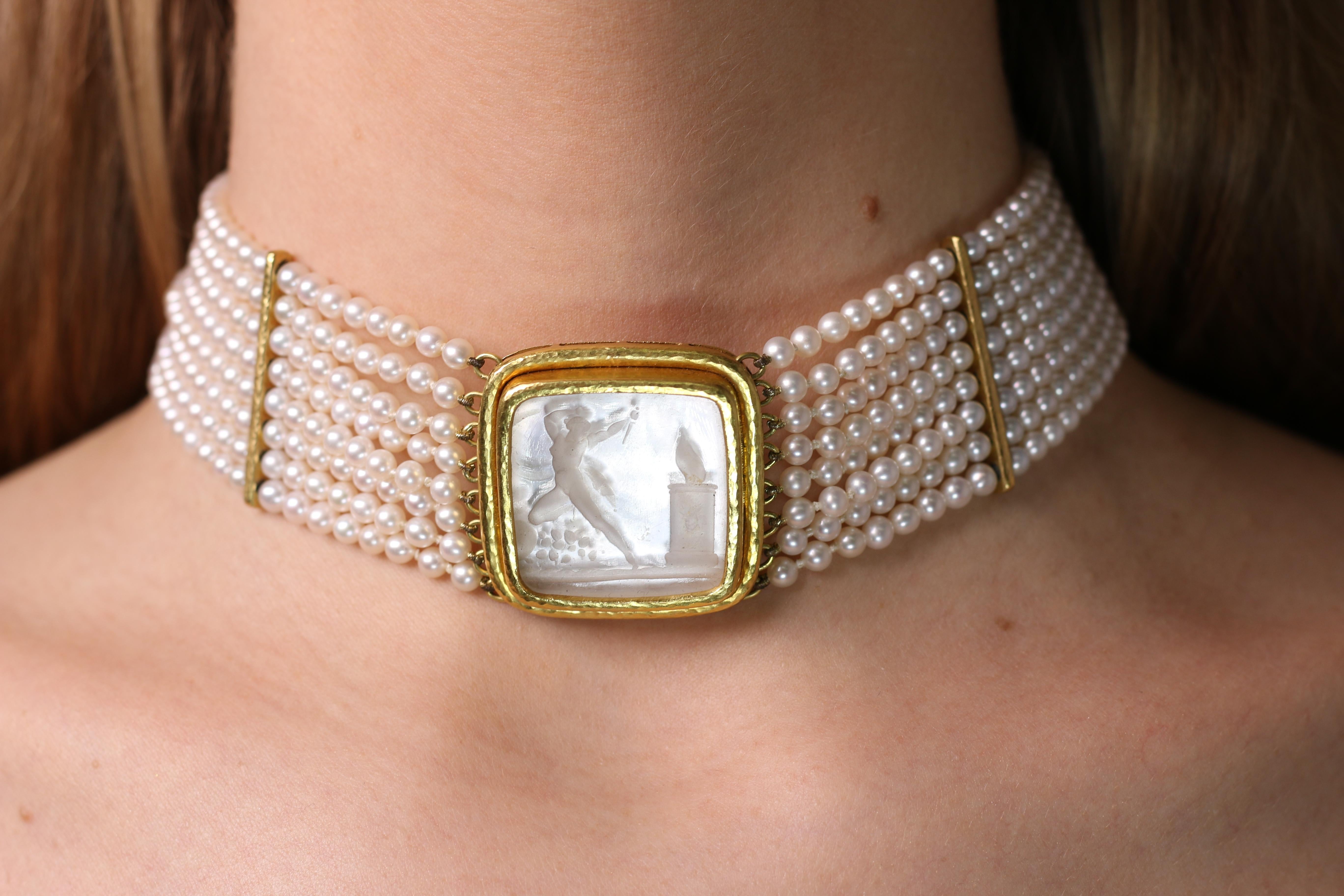 Cushion Cut Elizabeth Locke Pearl Choker with Mother of Pearl Intaglio and Gold For Sale